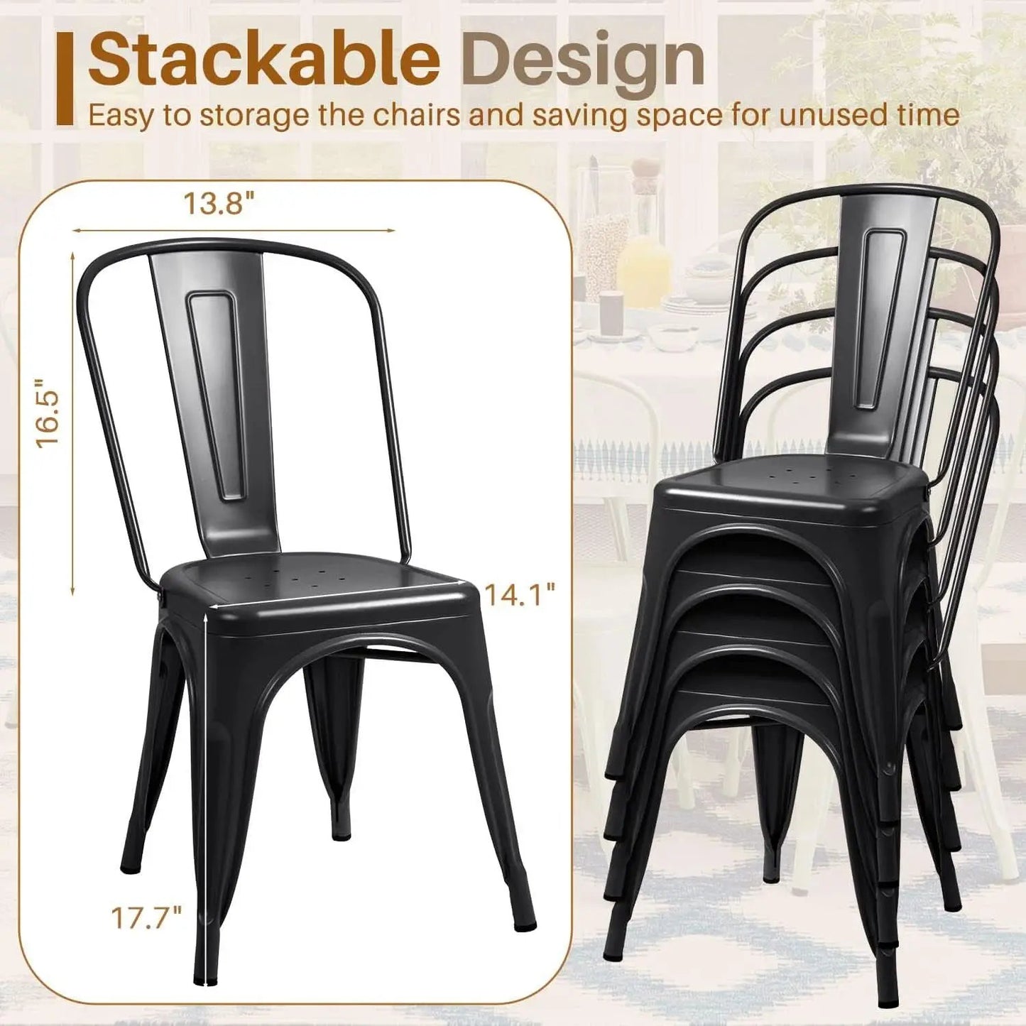 Stackable Metal Dining Chair Indoor Outdoor Black Set Of 4 from PriceLows™