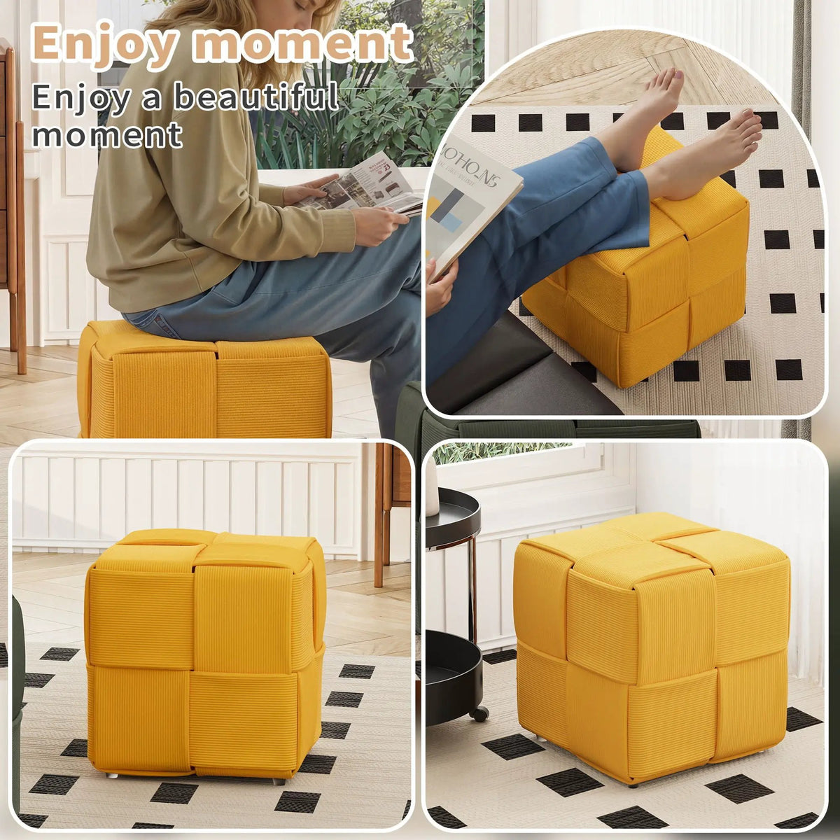 Modern Ottoman Foot Rest | Woven Design | Engineered Wood Frame | 14.2 Inch Cube