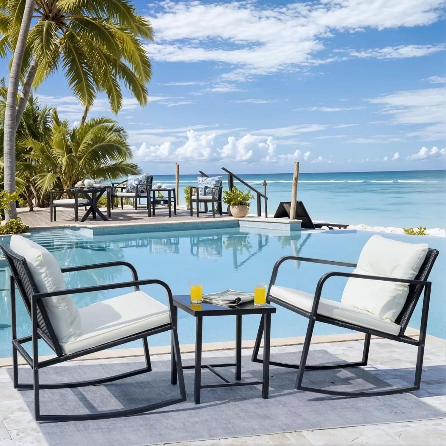 Patio Set 3 Piece White Wicker Rocking With Coffee Table from PriceLows™