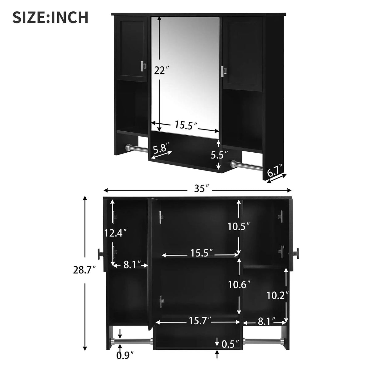 Wall Mounted Bathroom Cabinet With Mirror | Towel Bar | Closed Cabinets And Open Shelves | 35 Inch Width