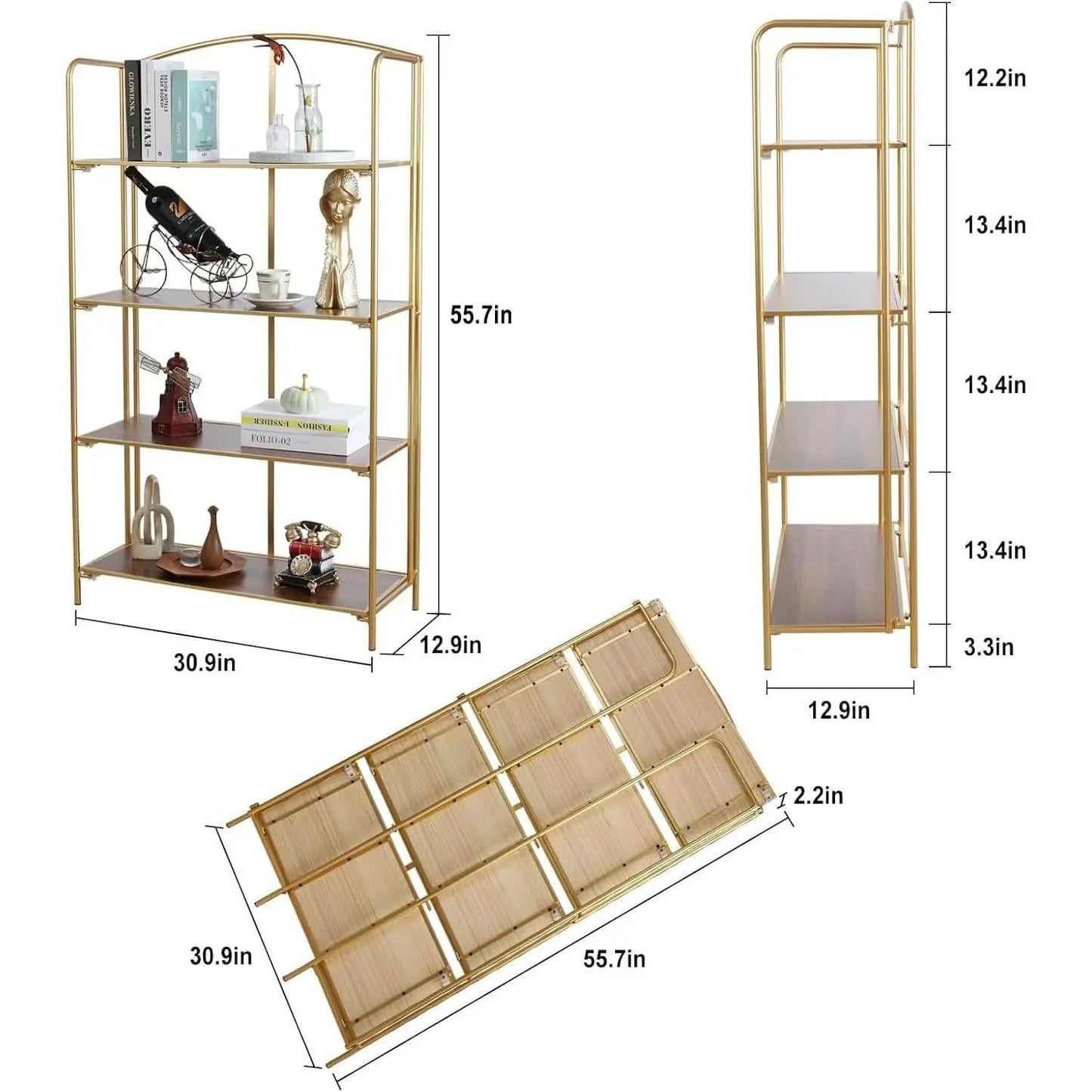 No Assembly Foldable Bookshelf 4 Tier Gold Bookcase from PriceLows™
