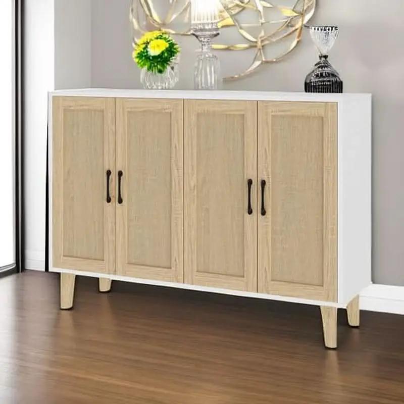 Buffet Storage Cabinet White Rattan Decor 4 Doors 48 Inch from PriceLows™