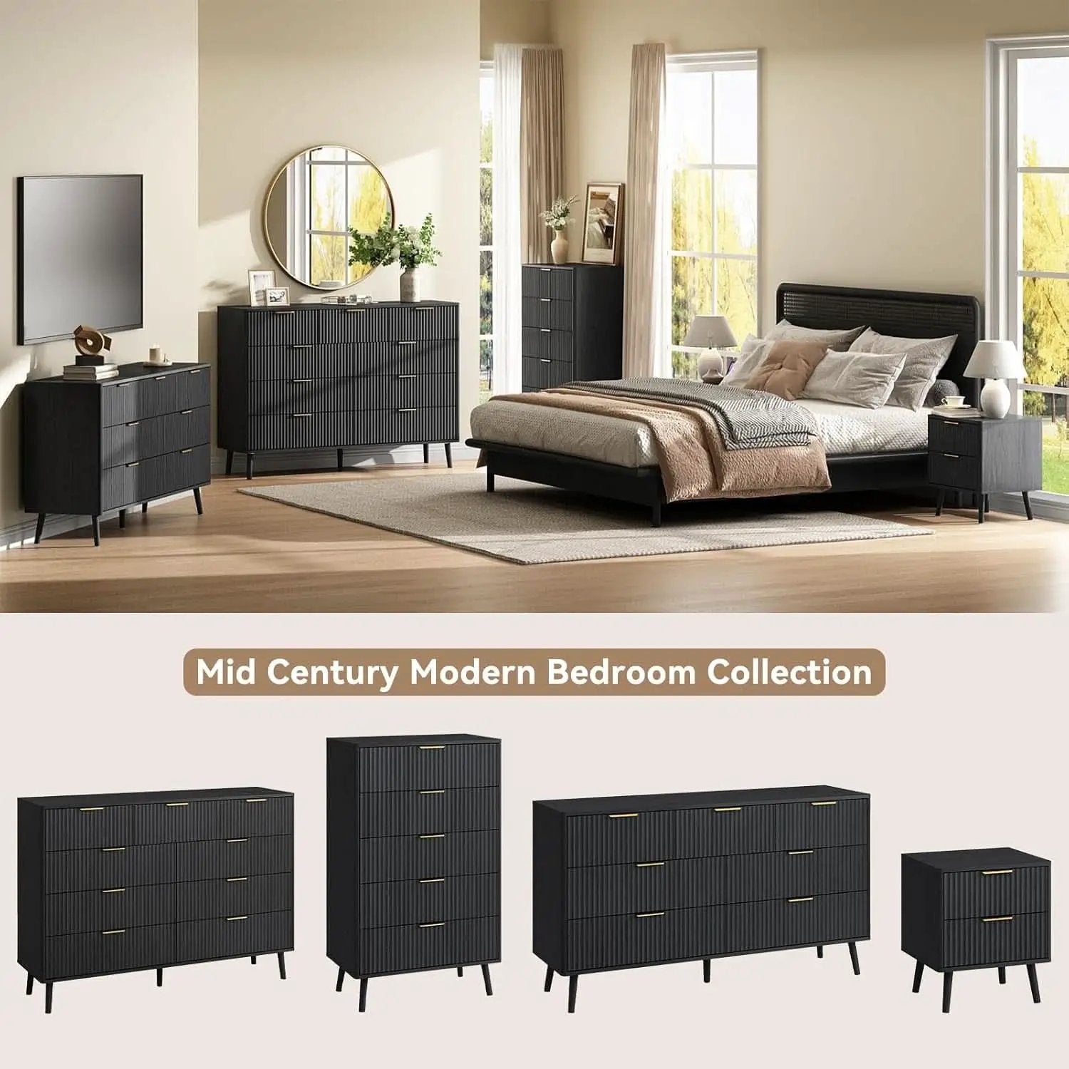 Fluted Nine Drawer Dresser 55 Inch Matte Black With Gold Handles from PriceLows™