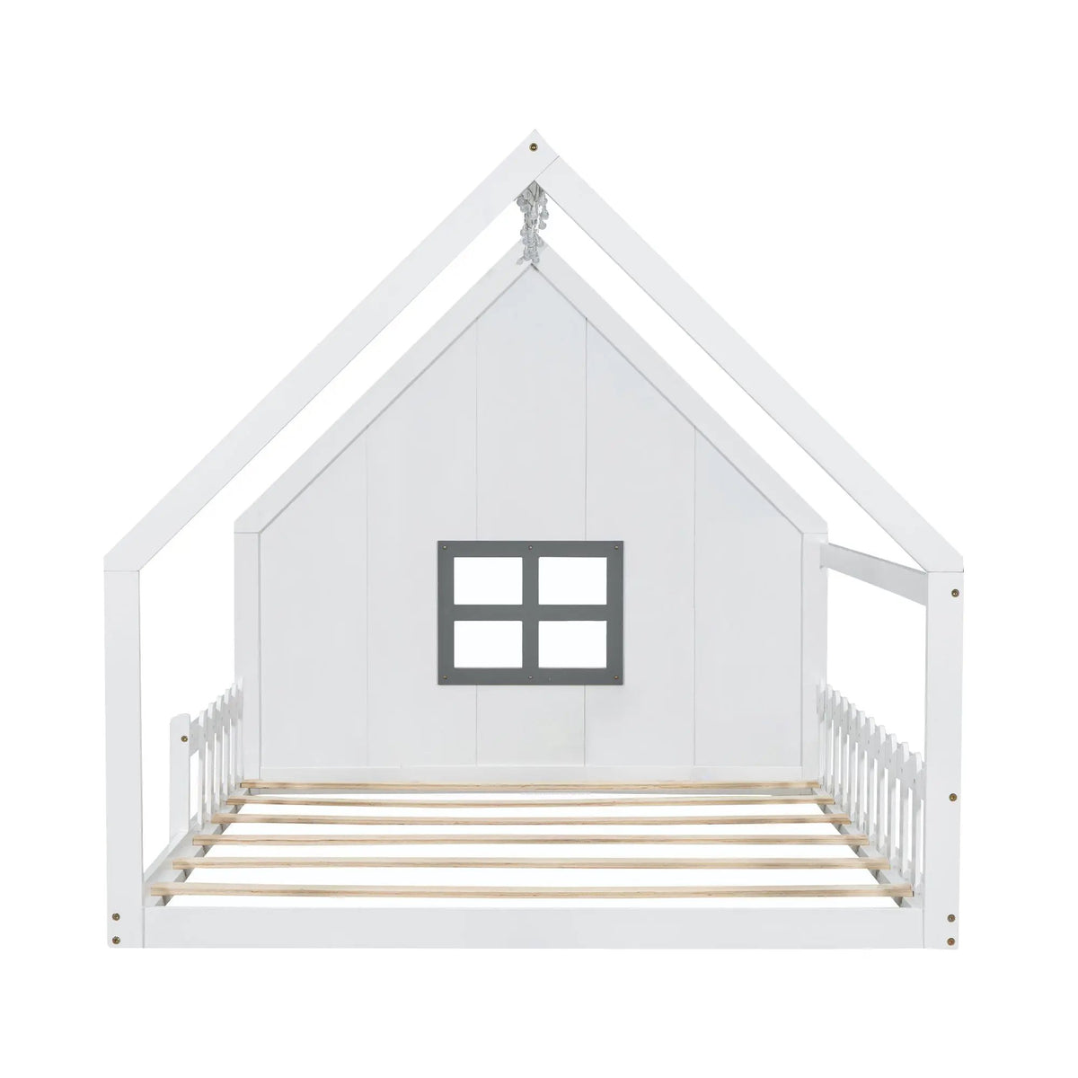 Platform House Bed | Window And Fence Design | Solid Pine Wood | Built-In LED Light