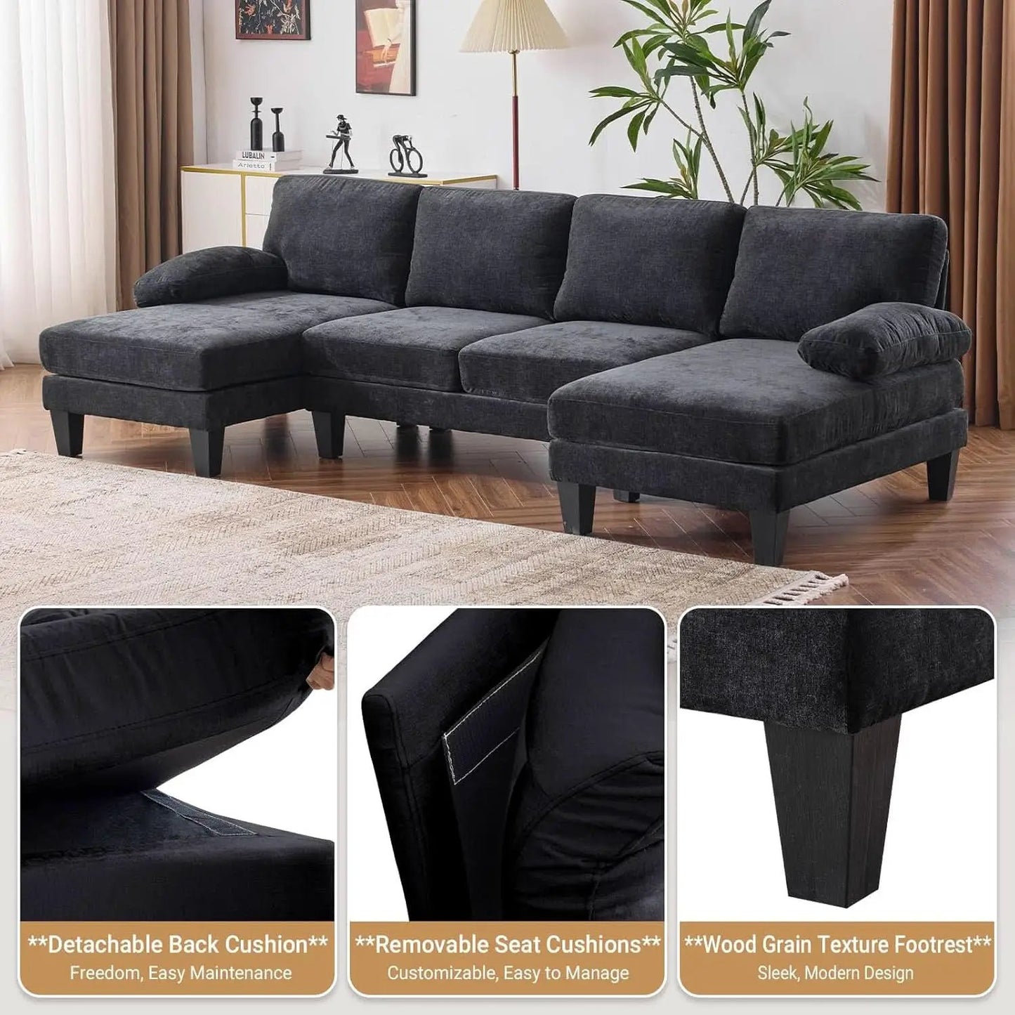 110 Inch U Shaped Sectional Couch For Living Room With Double Chaise In Chenille Fabric Black from PriceLows™