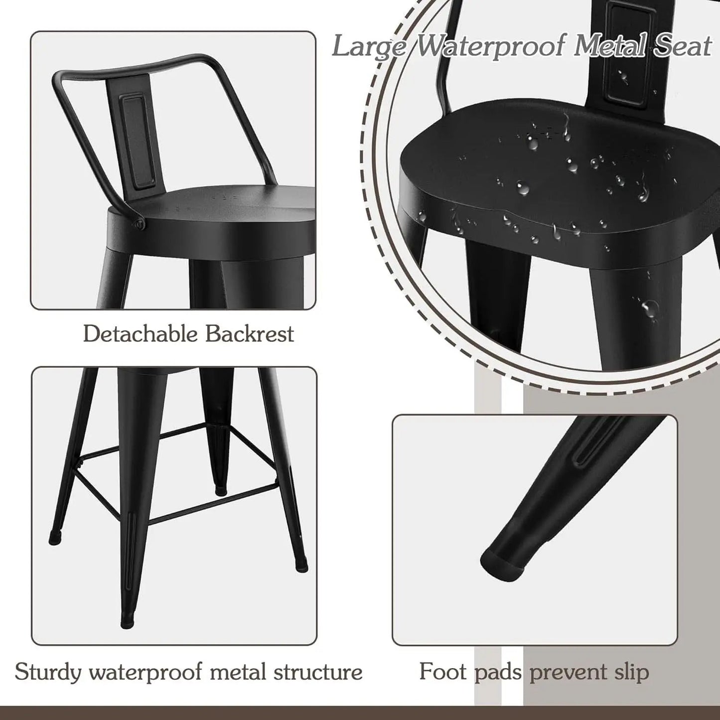 24 Inch Black Outdoor Metal Bar Stools Set of 4 Counter Height Large Ergonomic Seats from PriceLows™