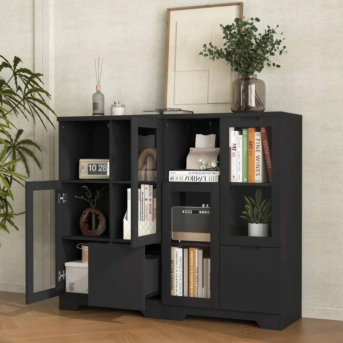 Modern Storage Cabinet | Adjustable Shelves | Double Glass Doors | Gray