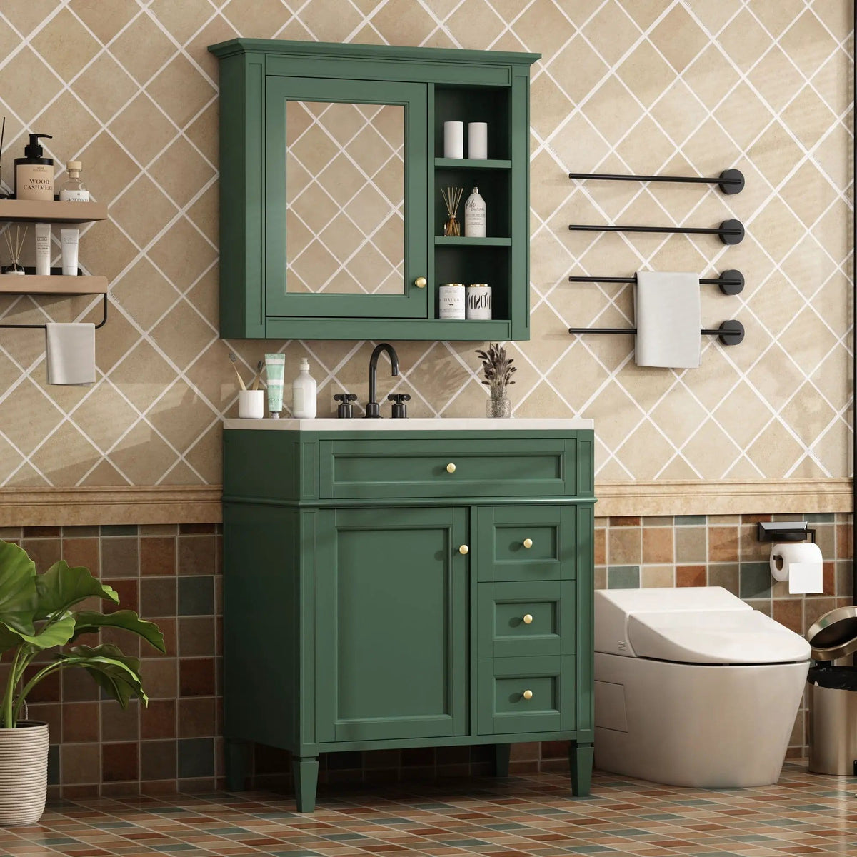 Bathroom Vanity With Top Sink, 2 Doors And 3 Drawers, Freestanding Set With Mirror | Vanity & Cabinet | Solid Wood & Ceramic | Bathroom