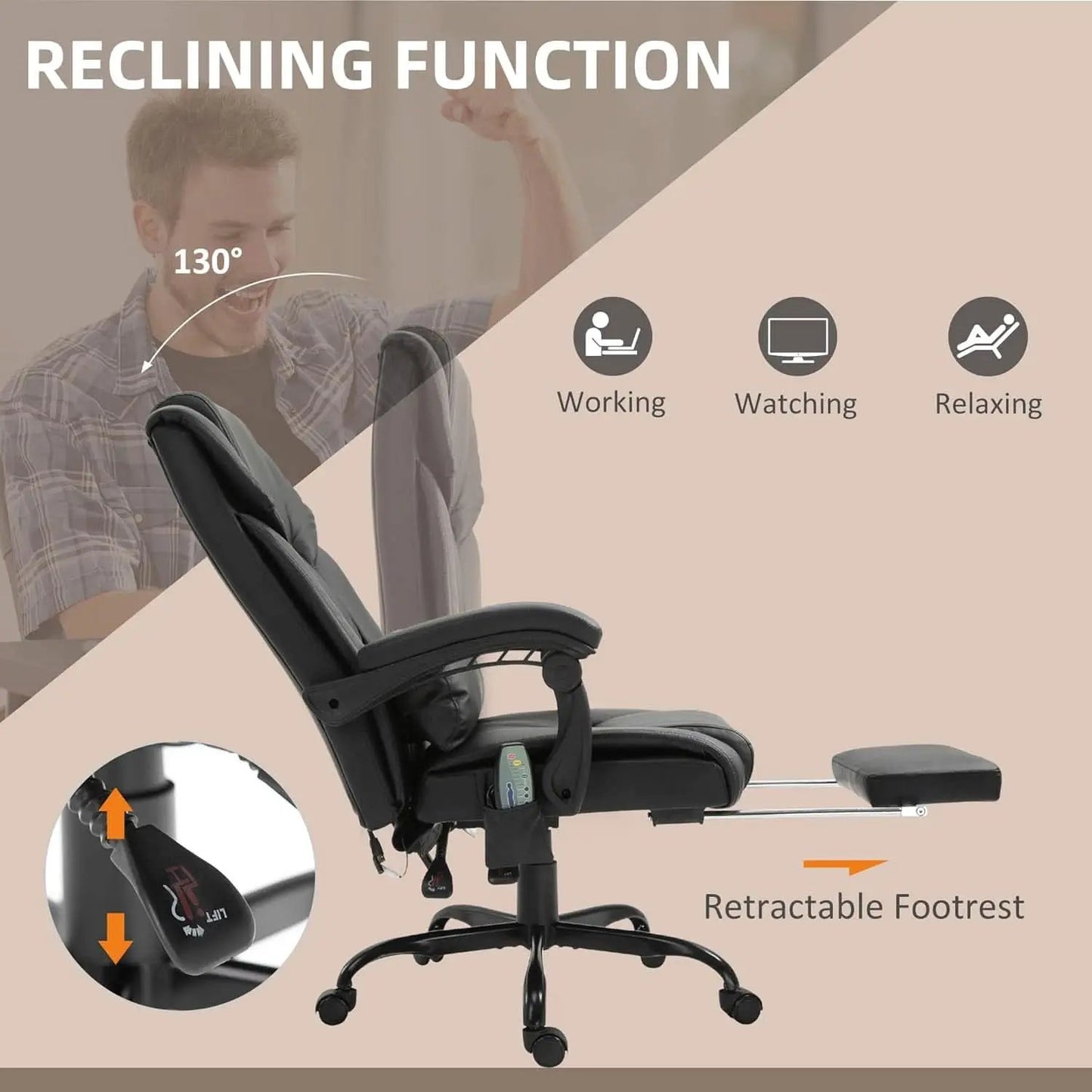 High Back Massage Office Chair With 6 Vibration Points And Footrest Black from PriceLows™