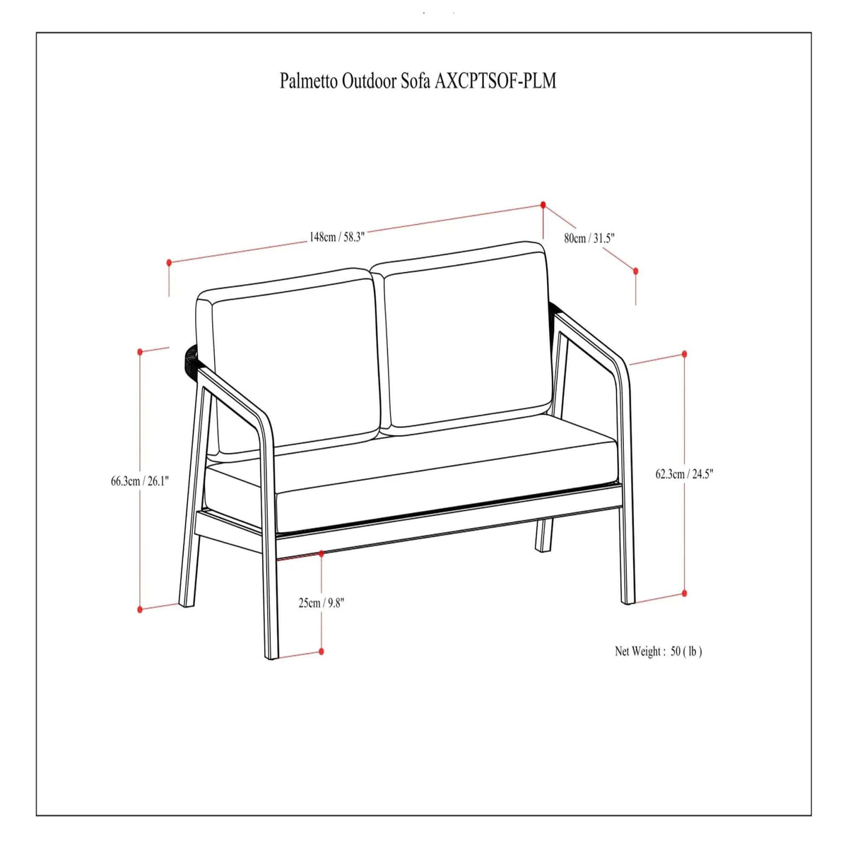 Palmetto Outdoor Sofa | 58.3 x 31.5 x 26 in | Acacia Wood & Fabric | Silver