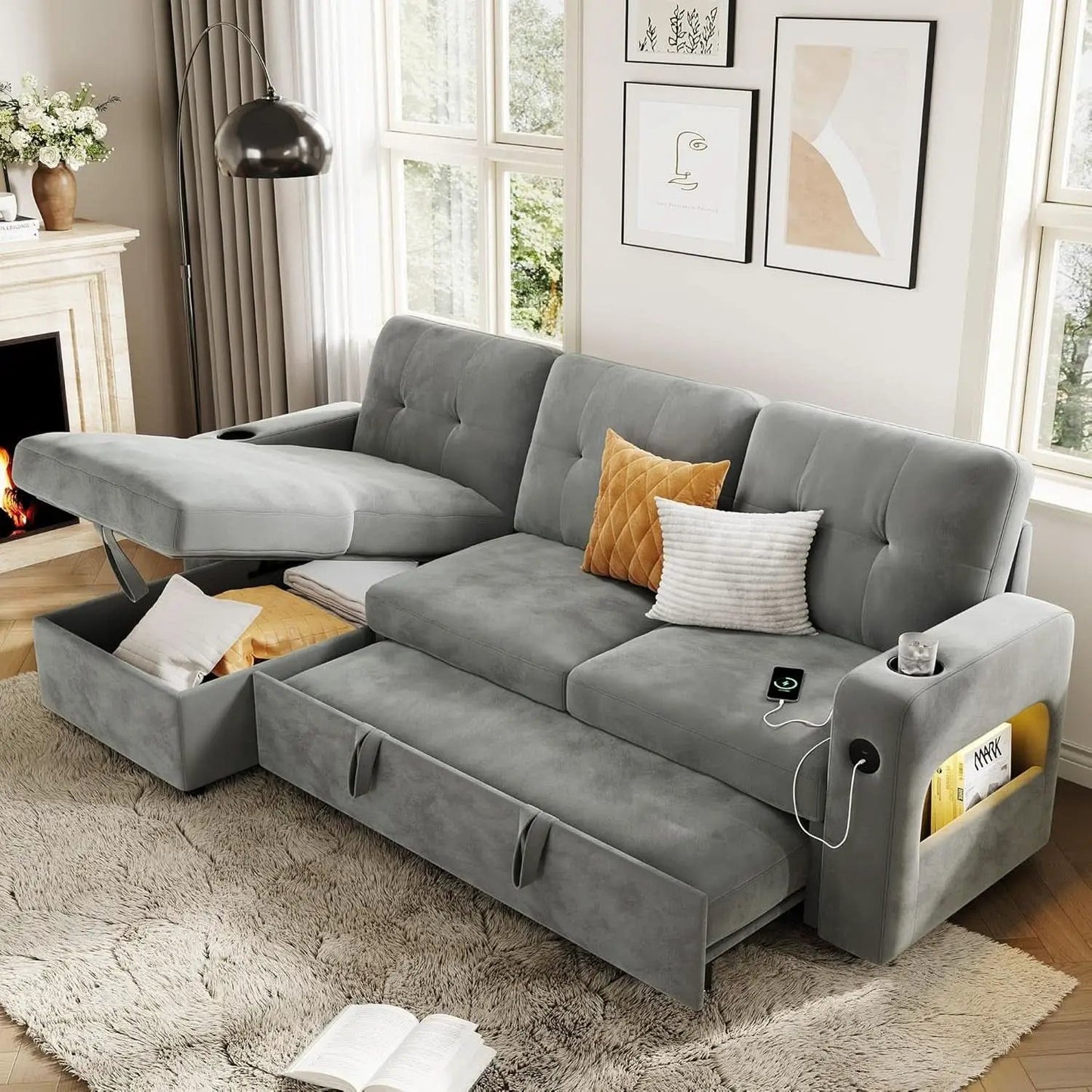 84Inch LShaped Sleeper Sofa Integrated Storage System from PriceLows™