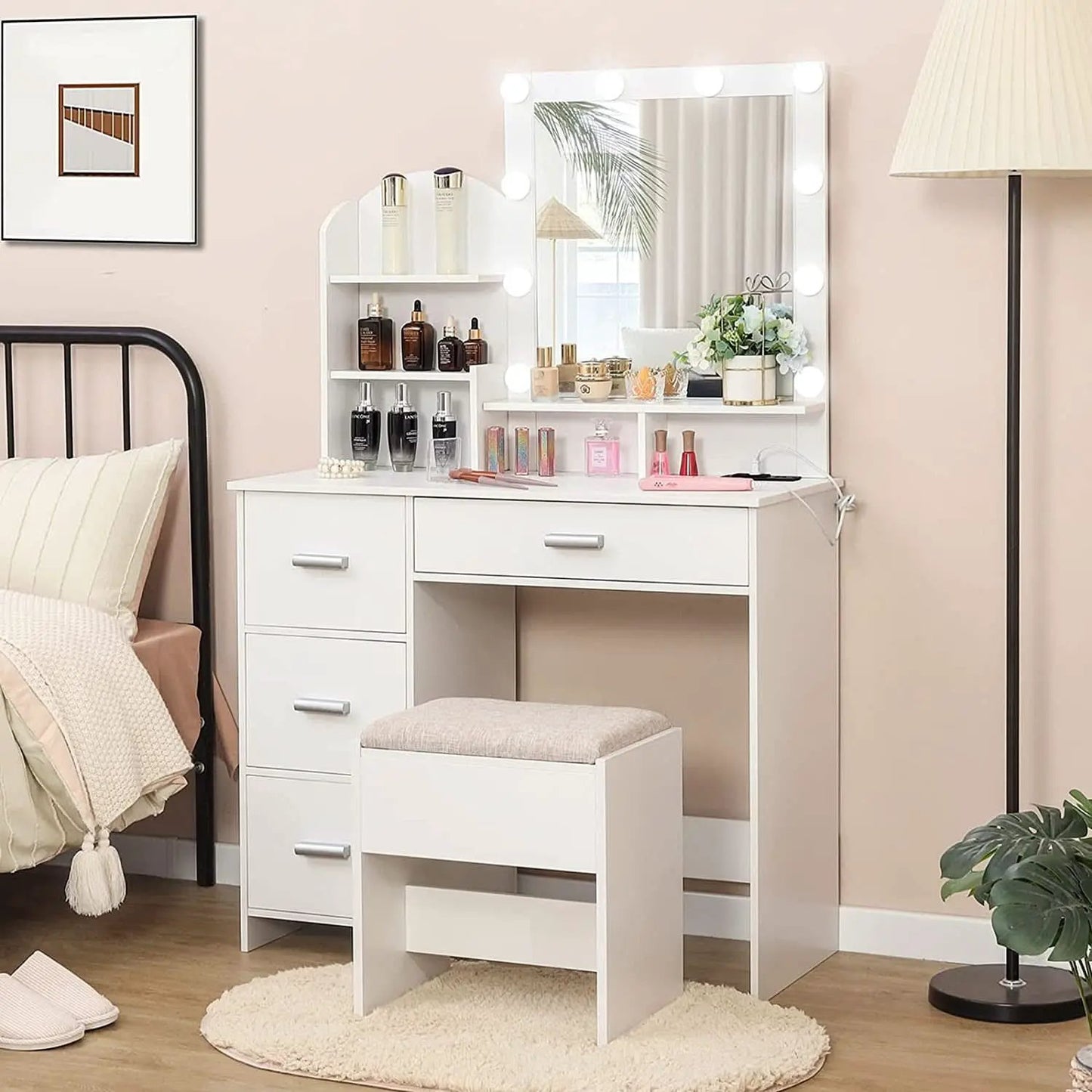 White Vanity Desk With Lighted Mirror And Charging Station from PriceLows™