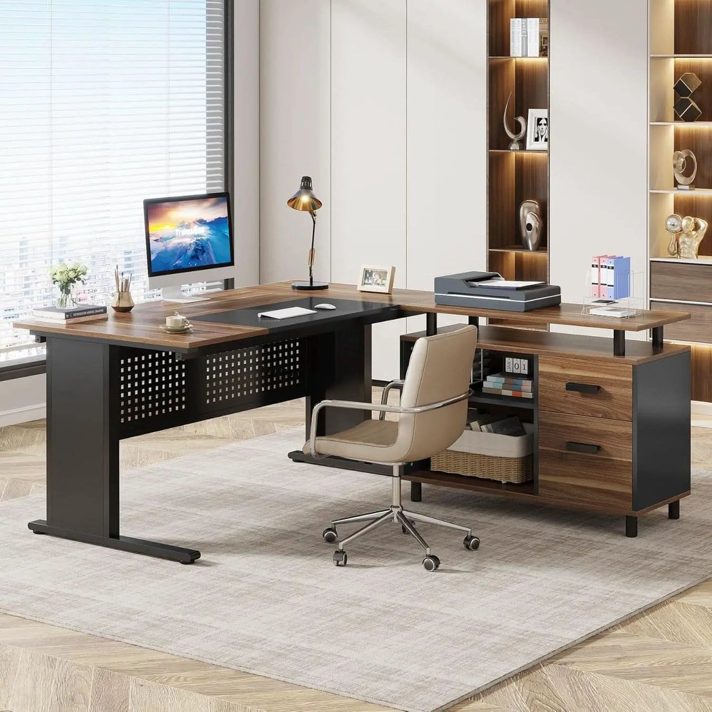 63 Inch L Shaped Desk With File Cabinet For Home Office from PriceLows™