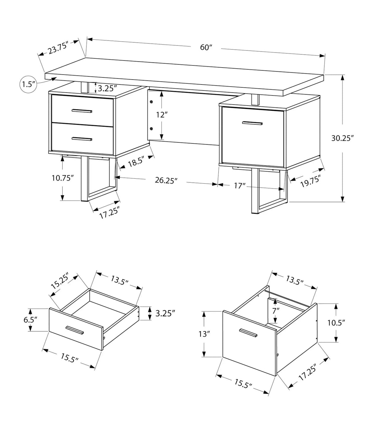 60 Inch Computer Desk | Laminate Finish | Two Top Drawers And File Drawer | Reversible Set-Up