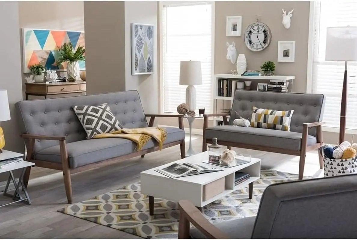 Grey 3 Piece Mid Century Modern Fabric Sofa Set Living Room from PriceLows™
