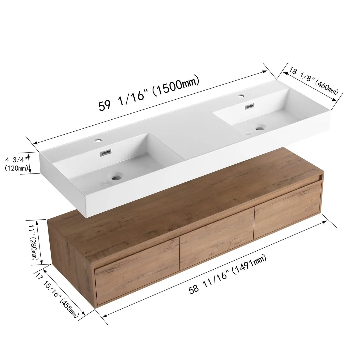 Contemporary Wall Mounted Bathroom Vanity With Dual Resin Sink And Soft Close Drawer | 2 Pieces | Plywood & Resin | Bathroom