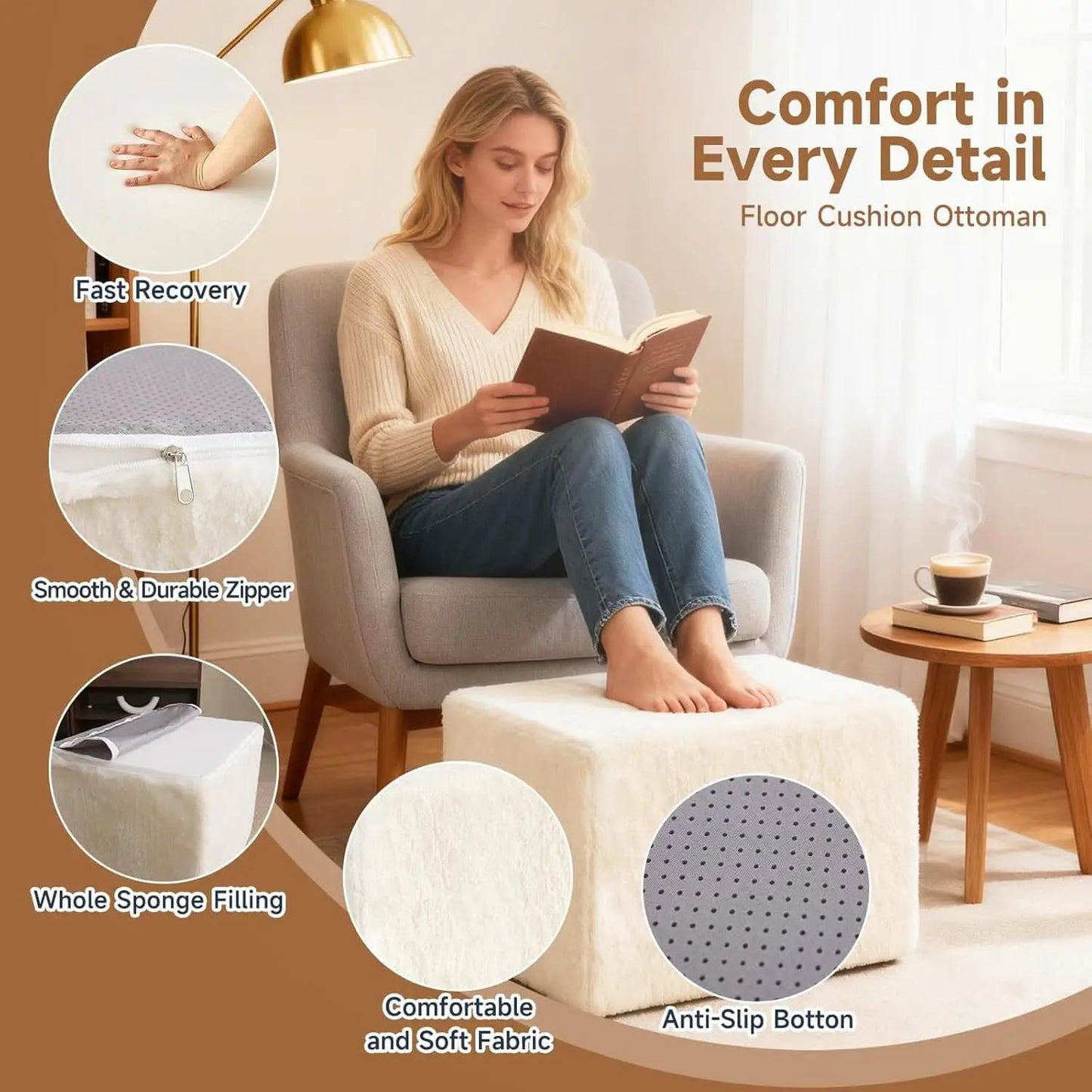 Cream Square Luxurious Upholstered Foam Pouf Ottoman from PriceLows™