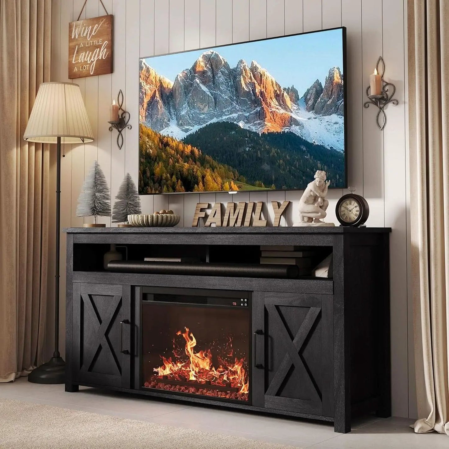 58 Inch Farmhouse TV Stand With Electric Fireplace Grey from PriceLows™