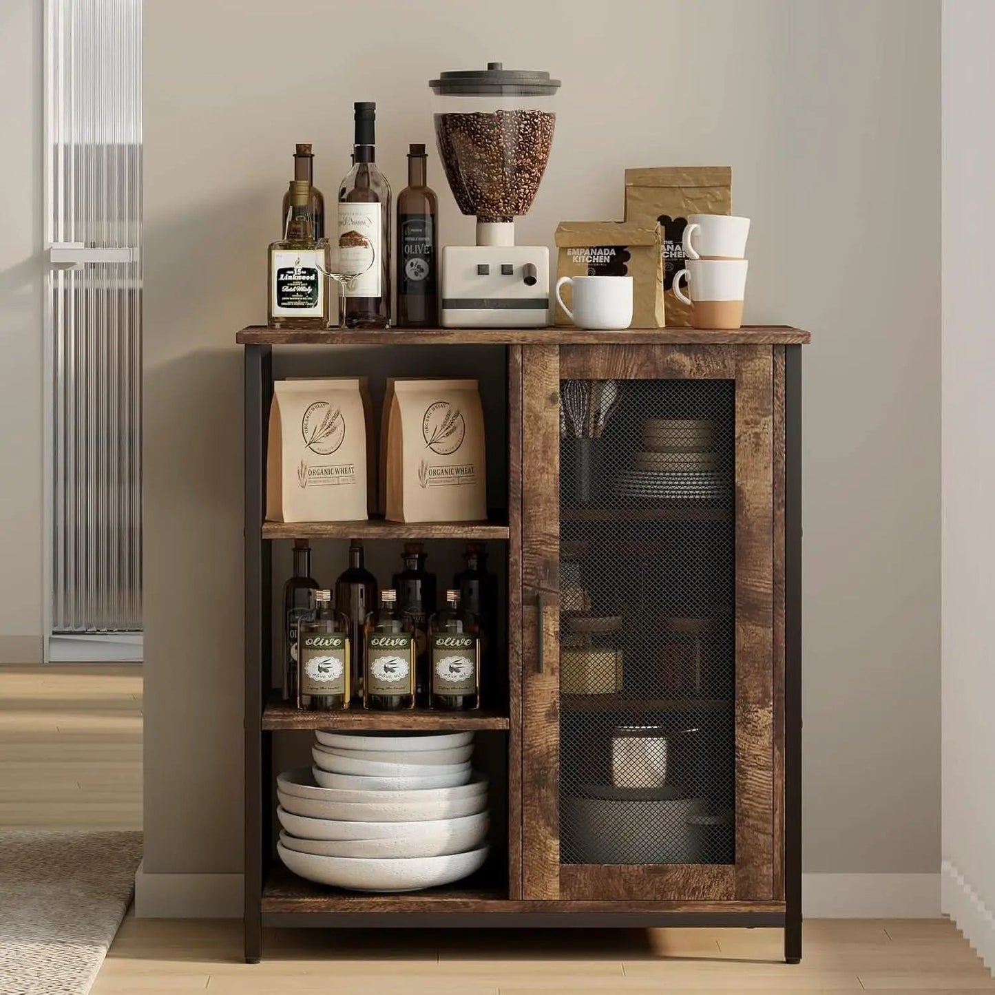 Mini Coffee Bar Cabinet 27.5 Inch Brown Finish Storage Unit from PriceLows™