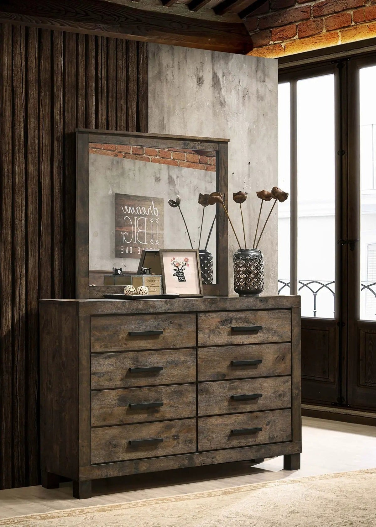 Woodmont 8-drawer Dresser with Mirror Rustic Golden | 57.5 x 16.5 x 75.5 in | Wood | Brown