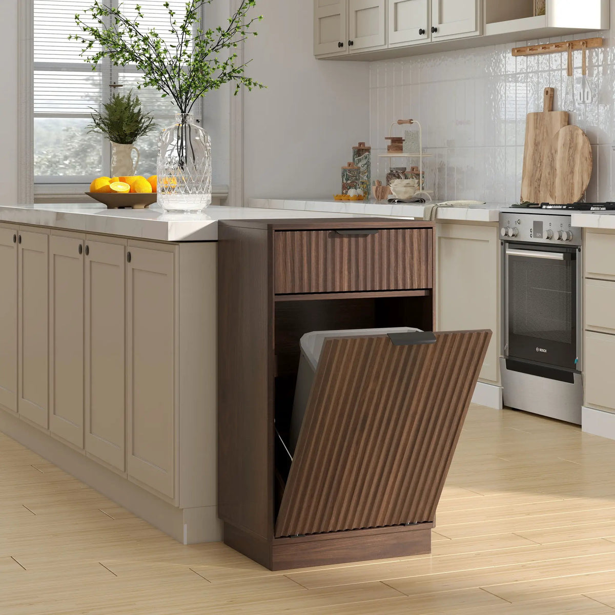 Tilt Out Trash Can Cabinet | Wave Textured Drawer | Pull Out Bin | Dual-Zone Waste Control