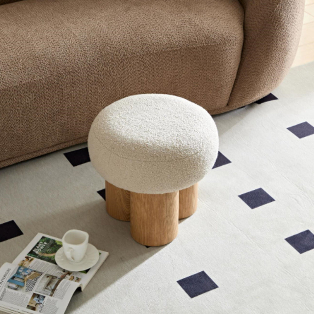 Mushroom Stool With Cushion | Greige Cushion | Wooden Barrel Base | 15.75 Inch Height