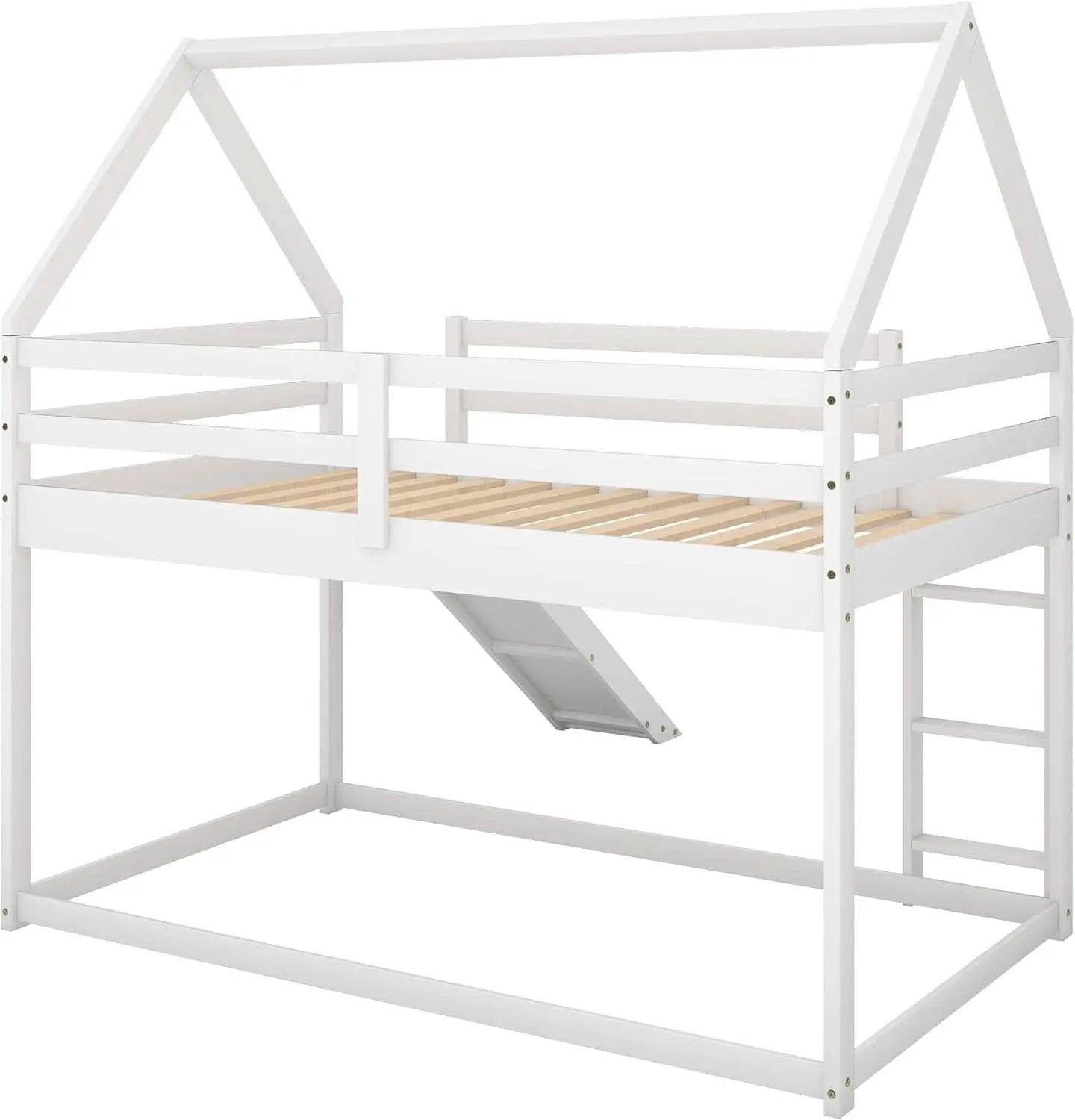 Twin Over Twin House Bunk Bed With Slide Solid Wood from PriceLows™