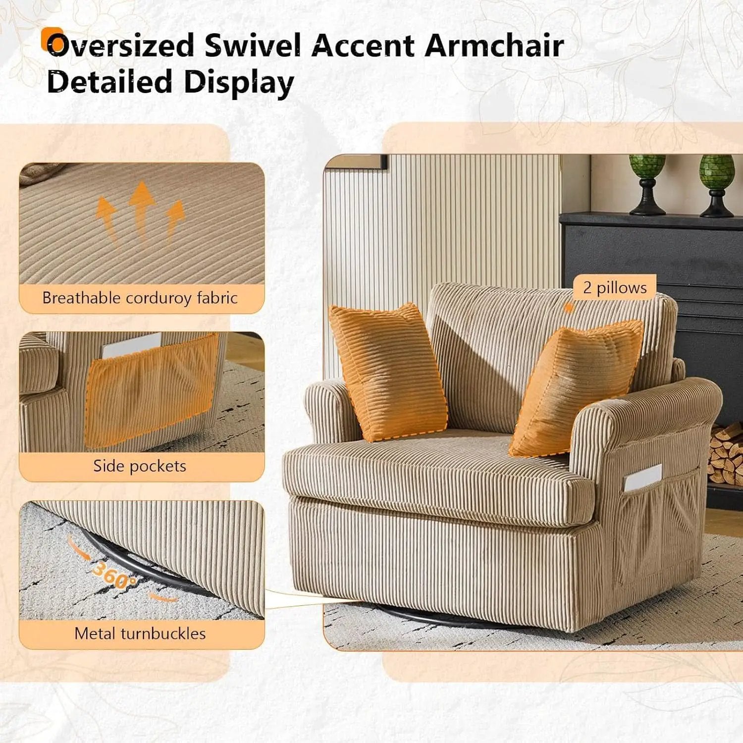Vingl Modern 39.2Inch ExtraWide Swivel Armchair Khaki from PriceLows™