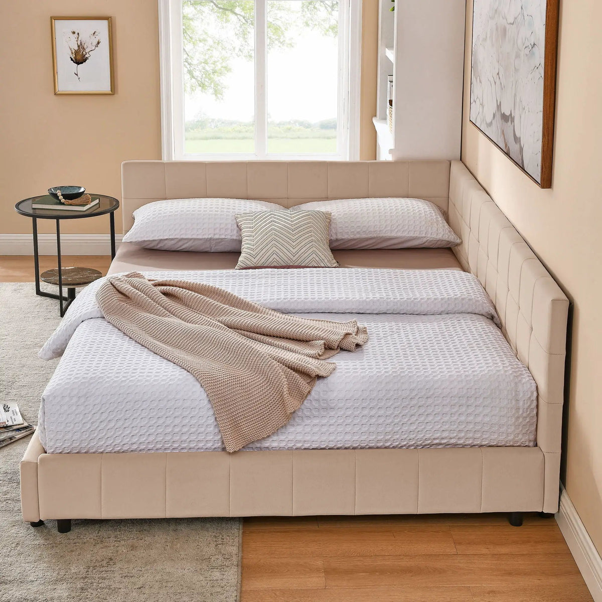 Mid-Century Storage Bed Frame | Upholstered Tufted Design | Backrest And Armrests | Bed Or Sofa Use