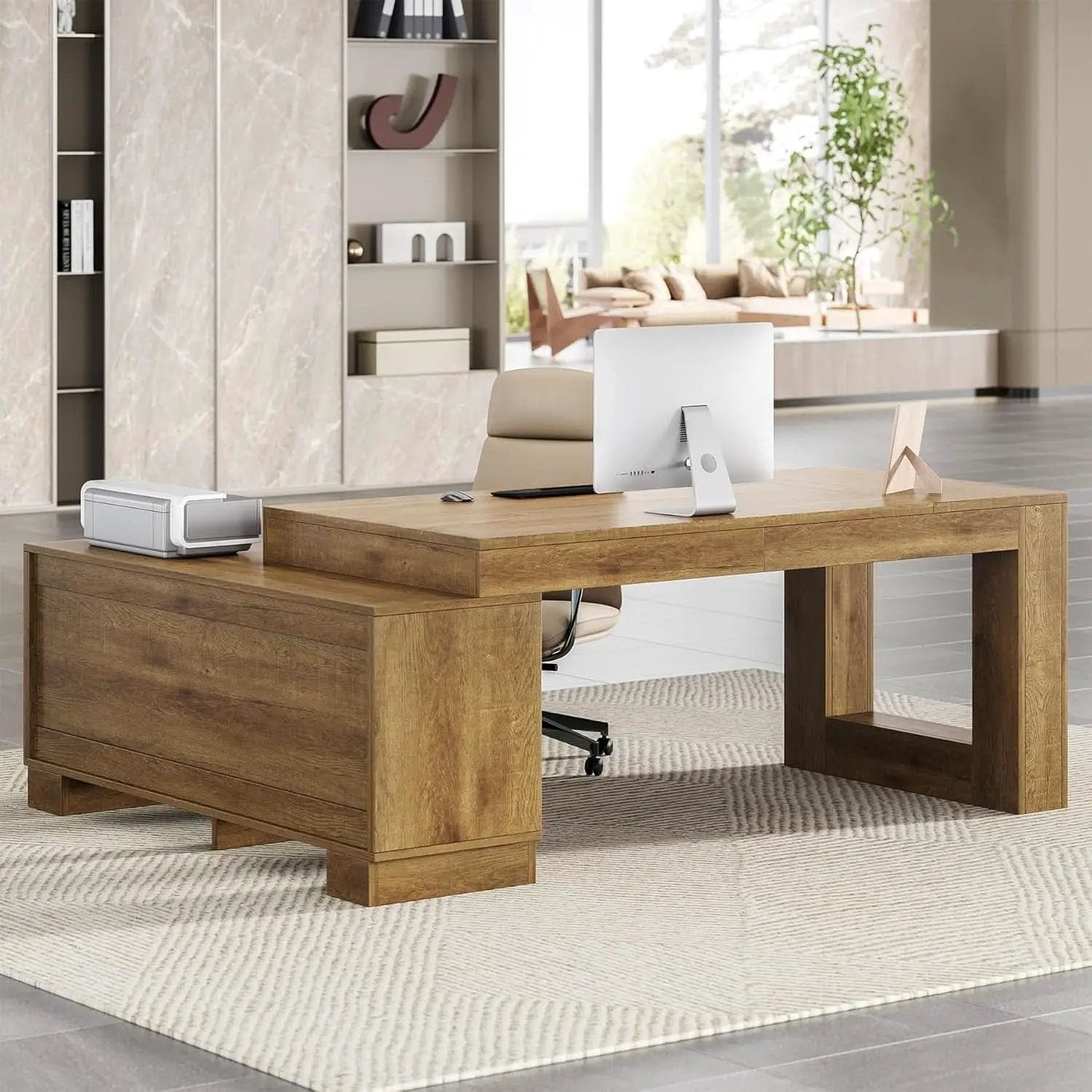 Brown 63 Inch Long L Shaped Desk With Sliding Cabinets from PriceLows™