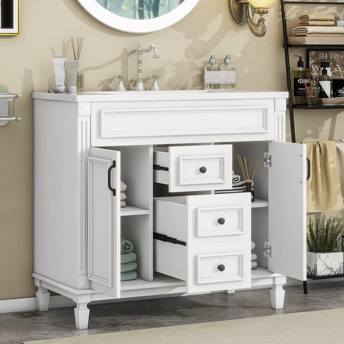 36 Inch Bathroom Vanity With Top Sink | Basin On Cabinet | 2 Soft Closing Doors | 2 Drawers