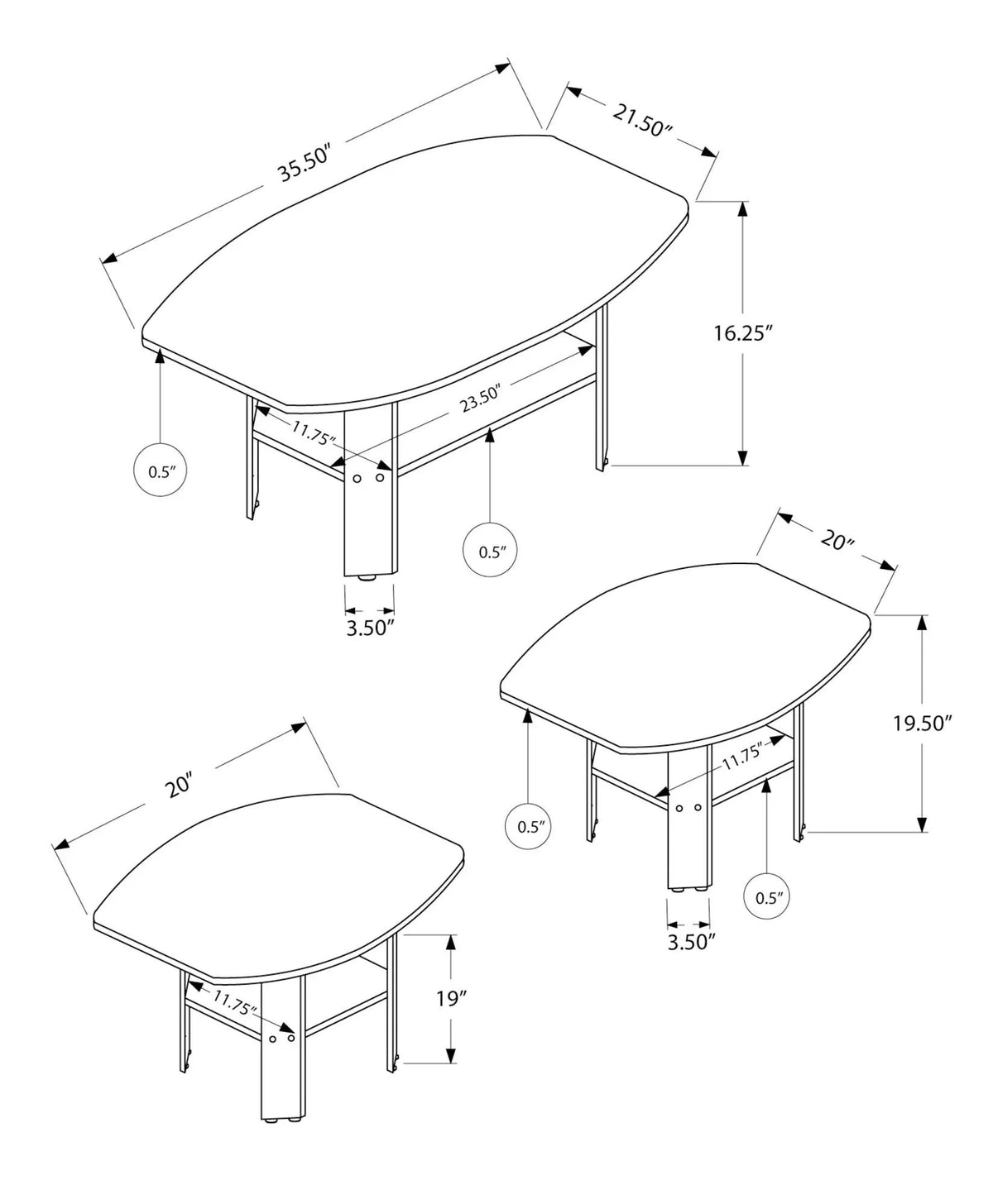 Brown Oak Coffee Table Set | Set Of 3 | Transitional Style | Rounded Shapes