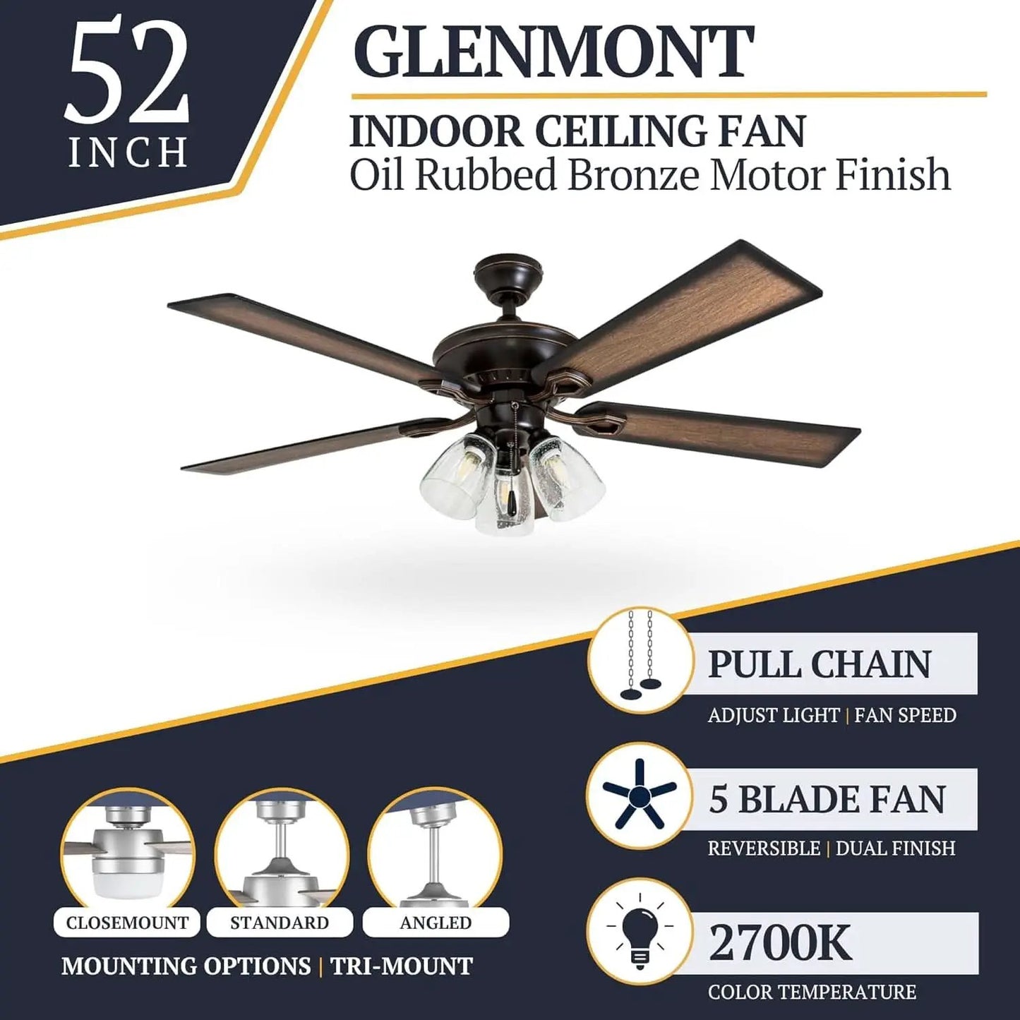 52 Inch Farmhouse LED Ceiling Fan Oil Rubbed Bronze from PriceLows™