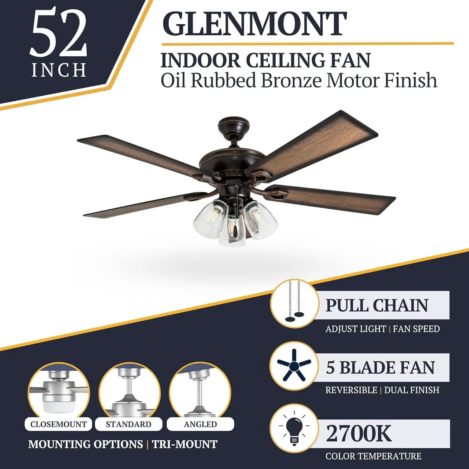 52 Inch Farmhouse LED Ceiling Fan Oil Rubbed Bronze from PriceLows™