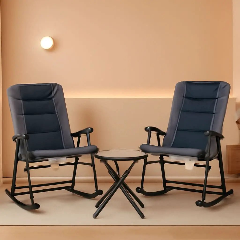Three Piece Outdoor Patio Furniture Set With Glass Coffee Table And Two Folding Padded Rocking Chairs Navy Blue from PriceLows™