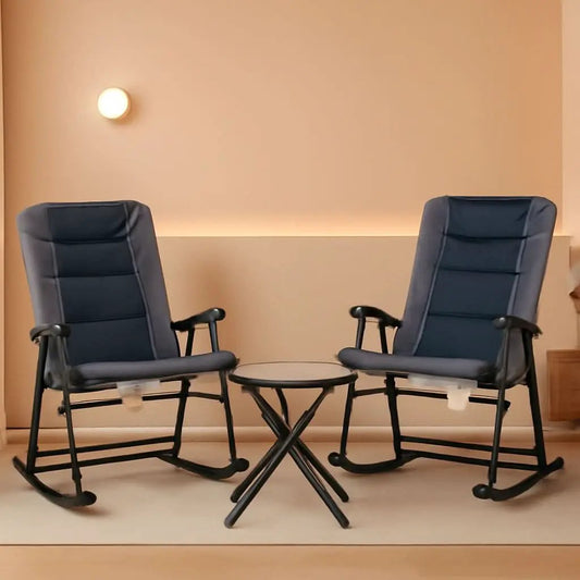 Three Piece Outdoor Patio Furniture Set With Glass Coffee Table And Two Folding Padded Rocking Chairs Navy Blue from PriceLows™