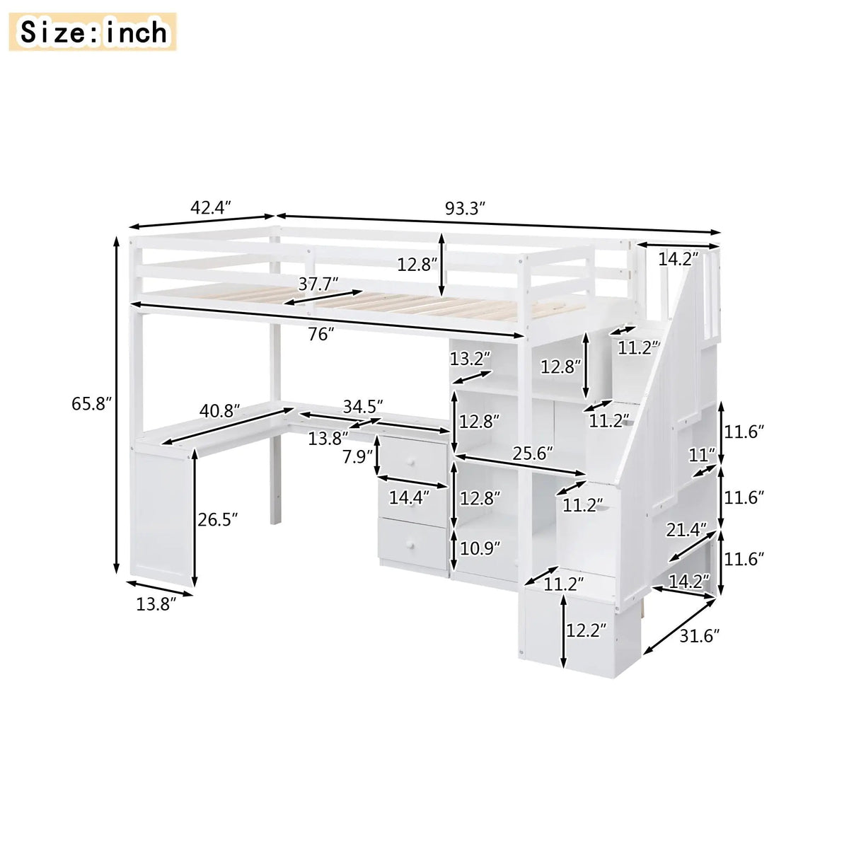Loft Bed | L Shaped Desk | Storage Staircase | Built In Drawers