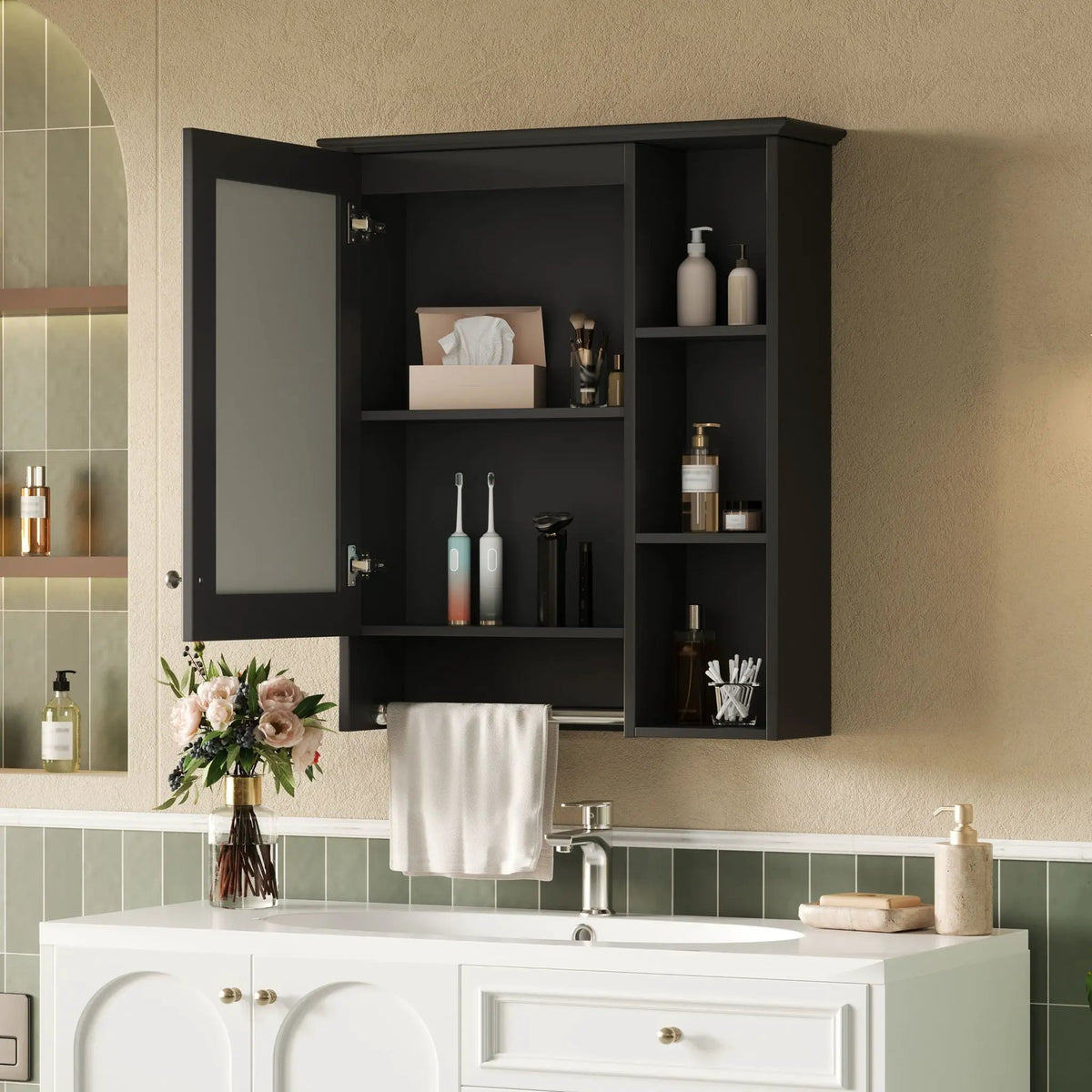 3-In-1 Bathroom Mirror Cabinet | Adjustable Shelf | Towel Bar | Full-Length Mirror