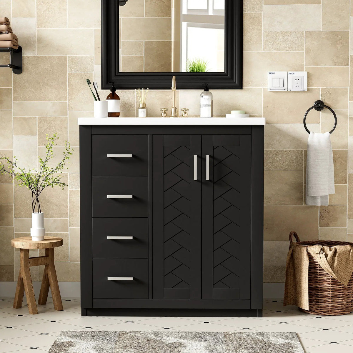 30 Inch Bathroom Vanity | 3 Drawers Soft Close | Solid Wood Ceramic Combo