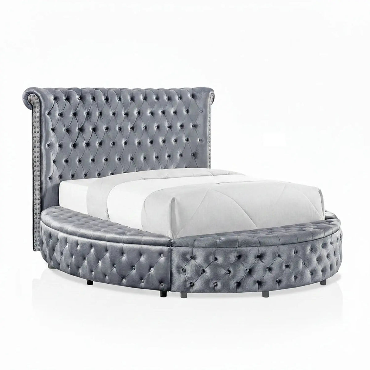 Glam Round Bed | Button Tufted Wingback Headboard | Storage | USB Ports