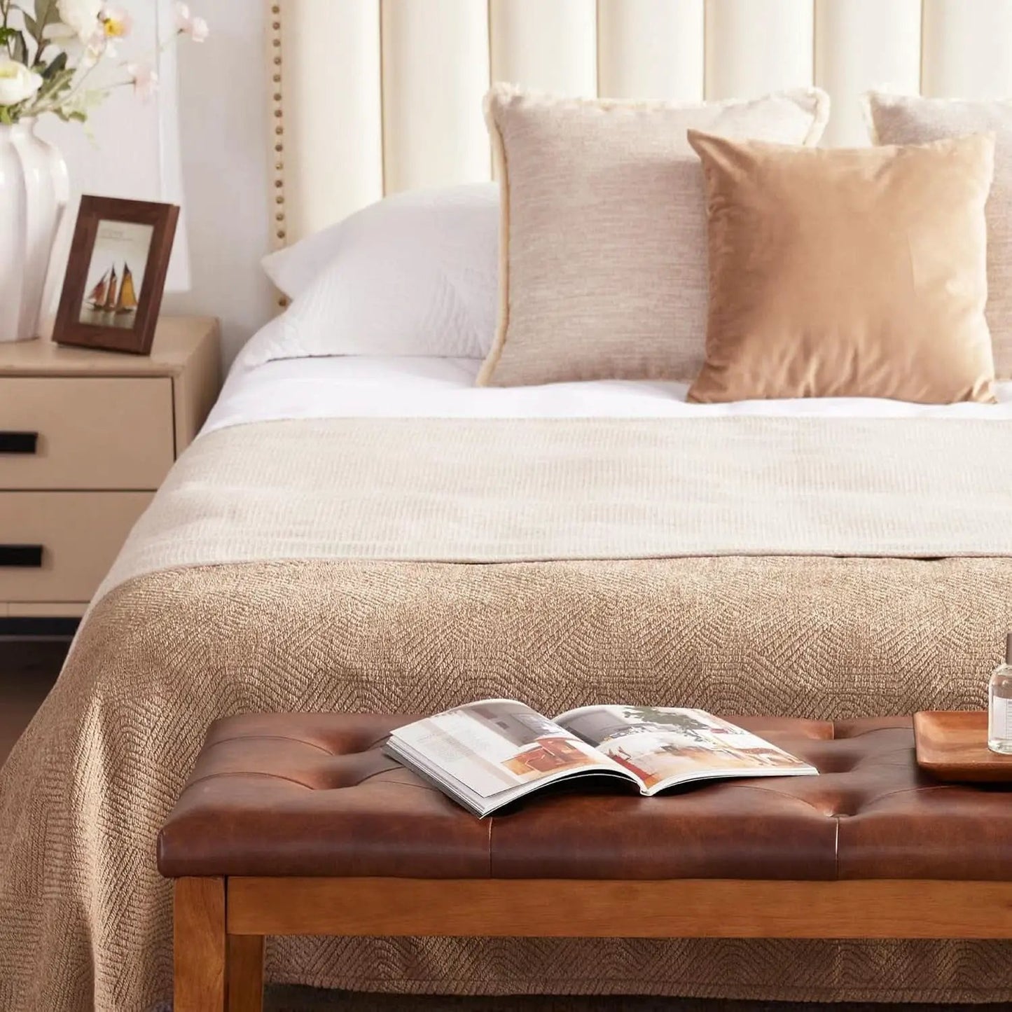 Oversized Brown Faux Leather Upholstered Ottoman Bench from PriceLows™