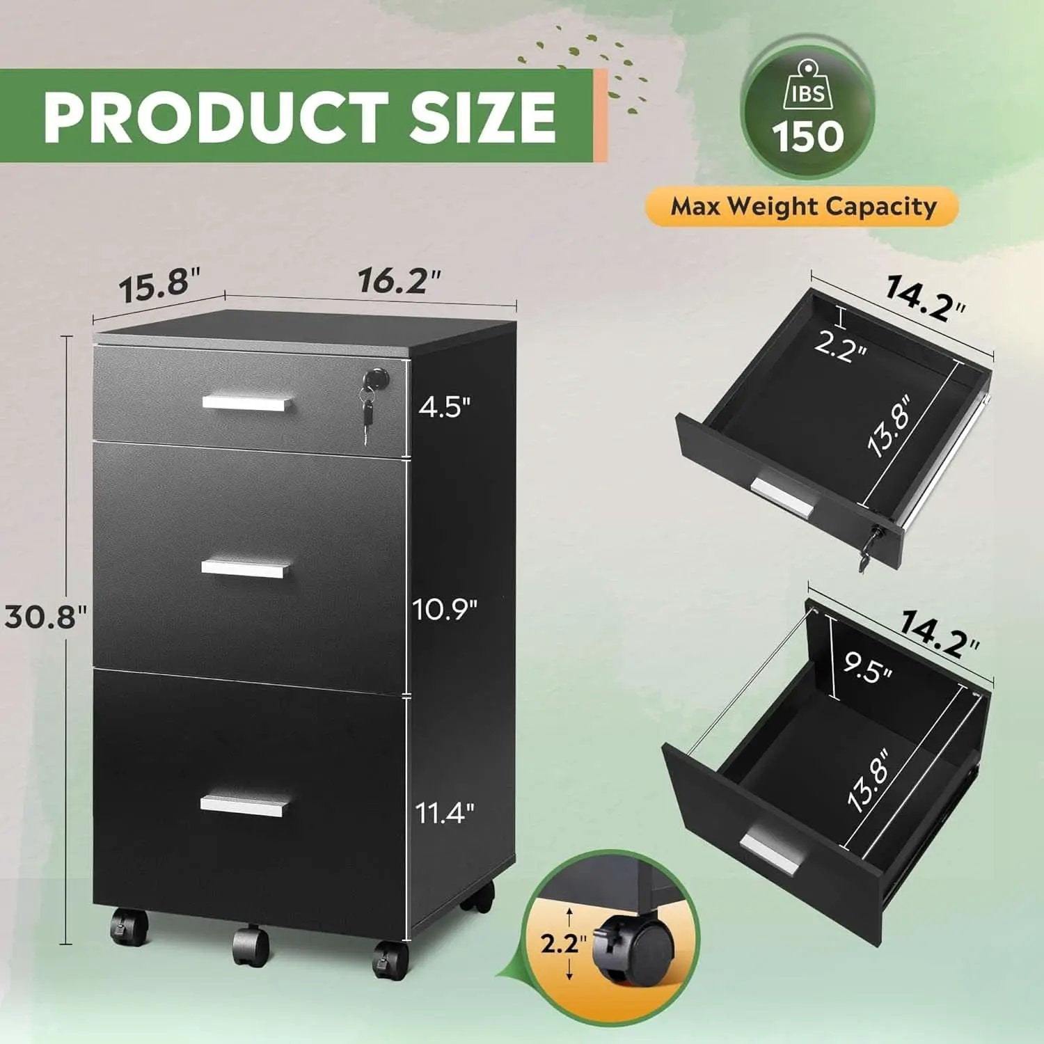 Black 3-Drawer Locking Rolling File Cabinet for Home Office from PriceLows™