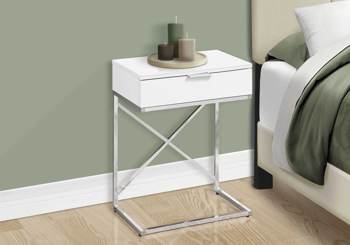 Accent Side Table | Spacious Tabletop | Storage Drawer | Metal Frame
