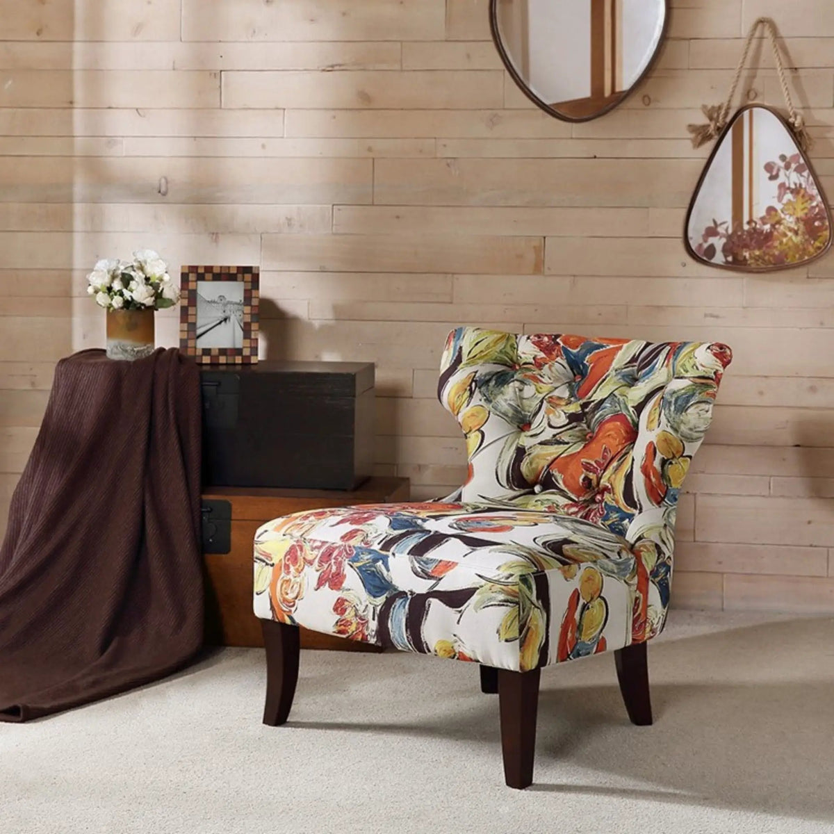 Erika Accent Chair | Printed Upholstery | Button Tufted Back | Solid Wood Frame