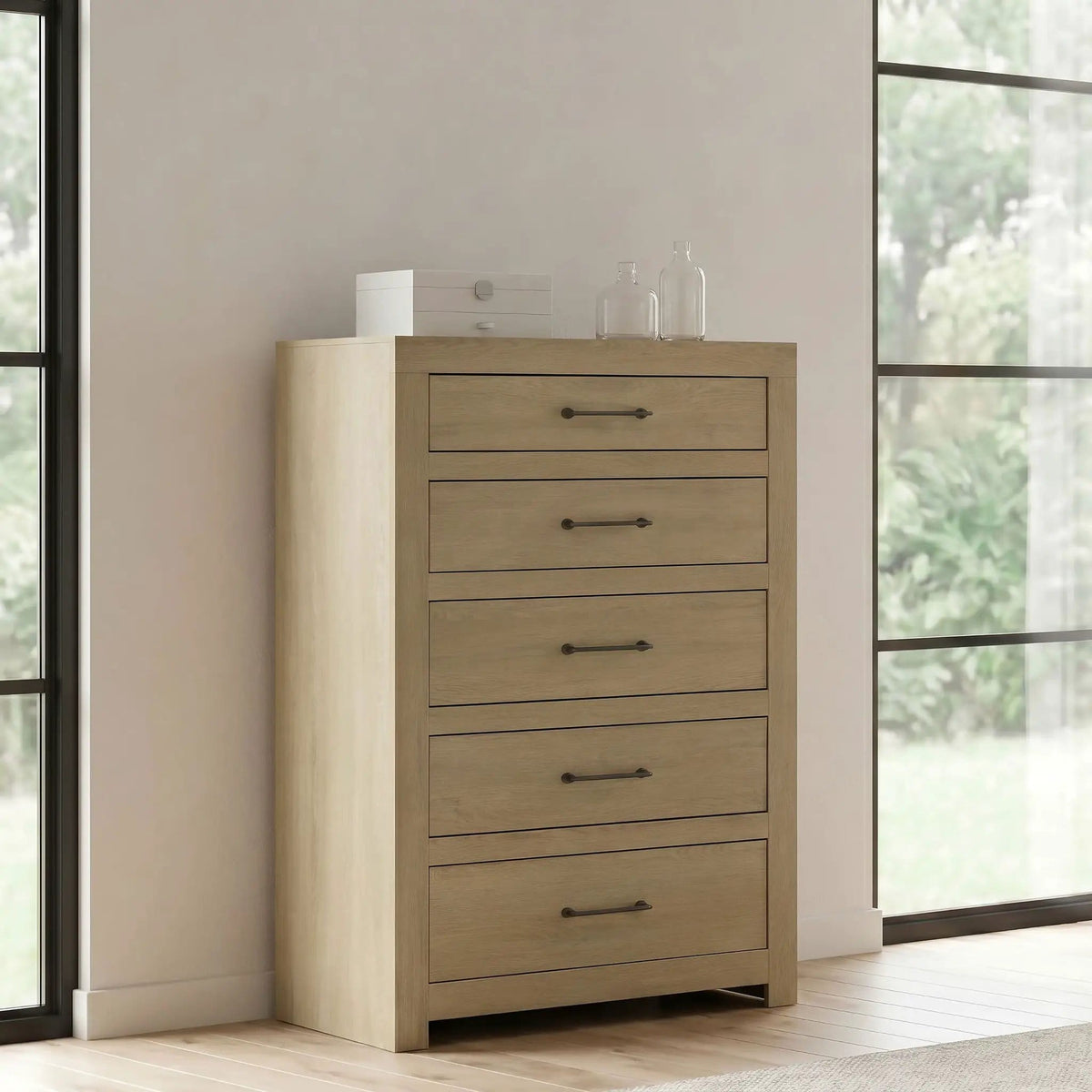 Hendricks 5-drawer Bedroom Chest of Drawers | 35.5 x 16.75 x 52.25 in | Engineered Wood & Metal | Light Oak