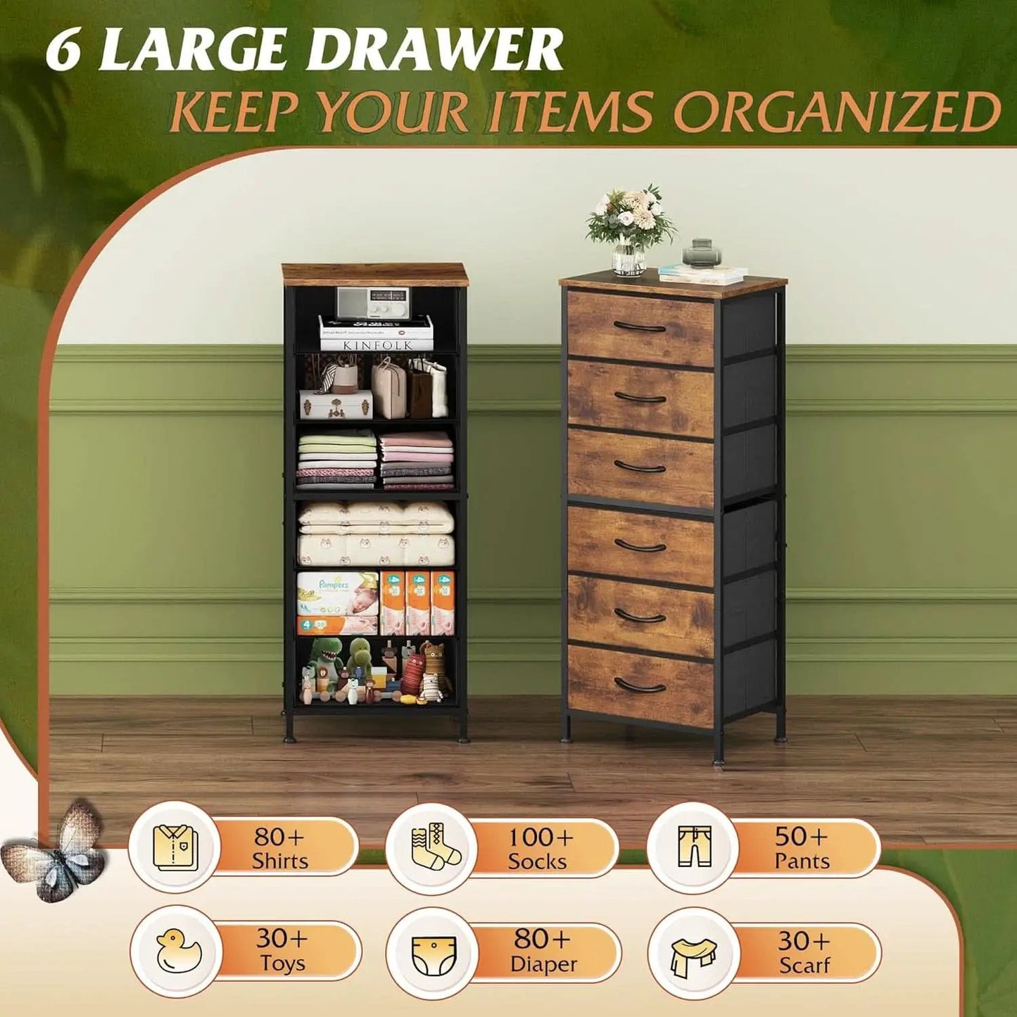 Tall Fabric Dresser With 6 Drawers And Wood Top Rustic Brown from PriceLows™