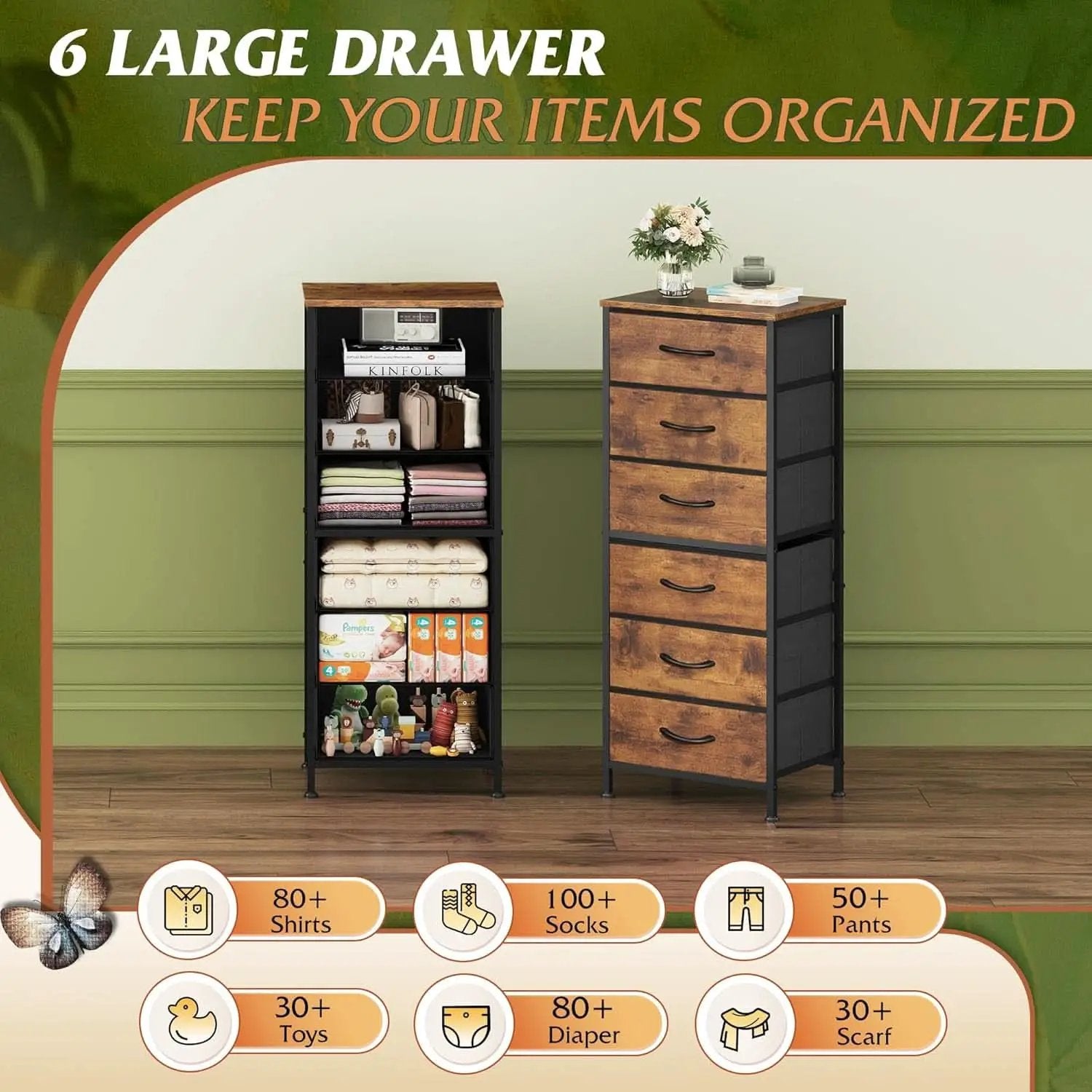 Tall Fabric Dresser With 6 Drawers And Wood Top Rustic Brown from PriceLows™