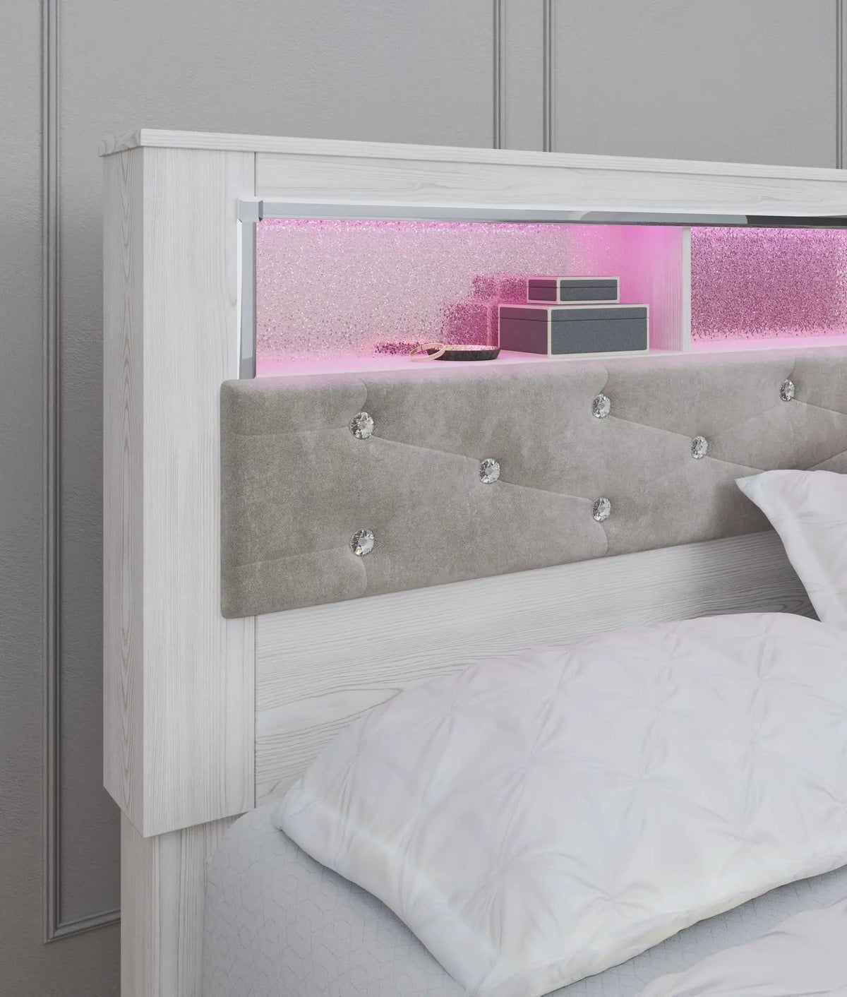 Altyra King Bookcase Panel Bed | Storage Bed | Engineered Wood & Polyester | White