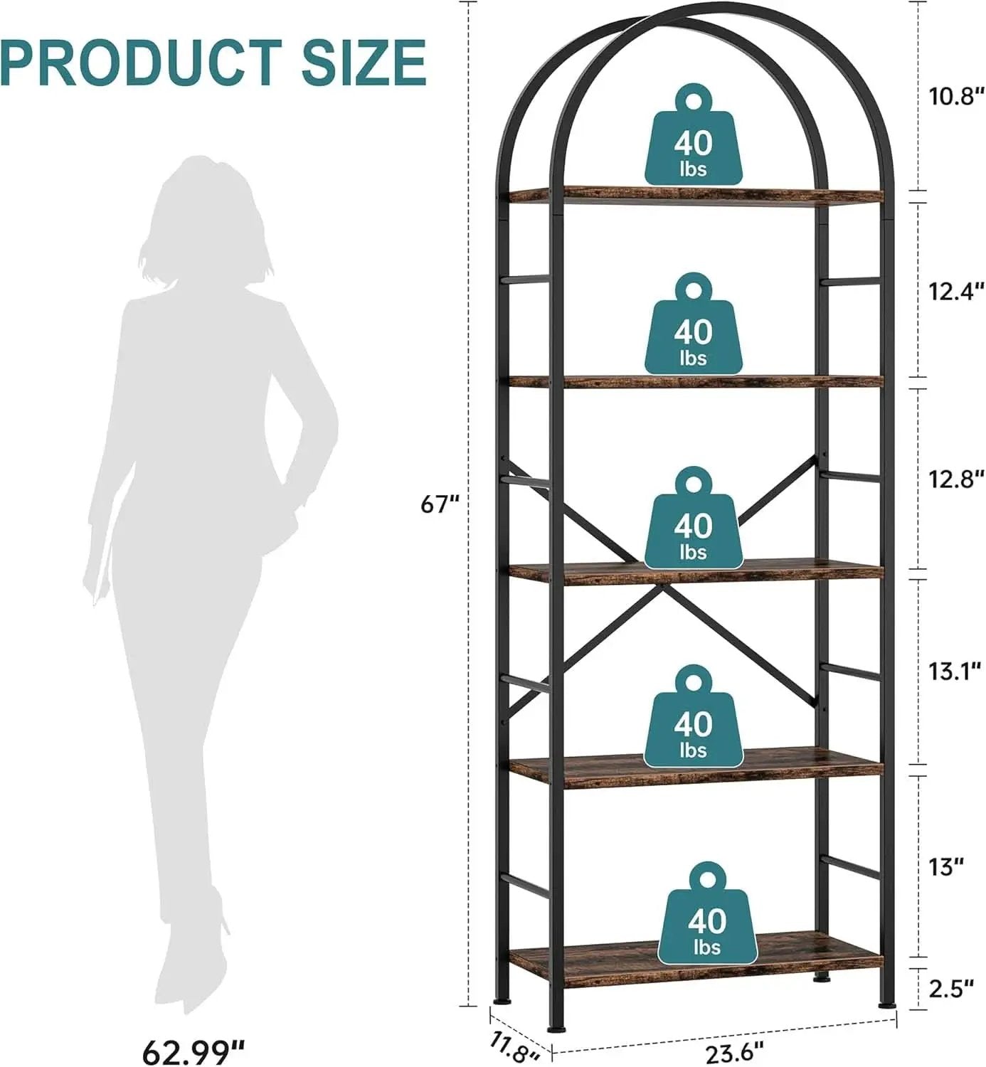 Arched Five Tier Bookshelf Rustic Brown Storage Unit from PriceLows™