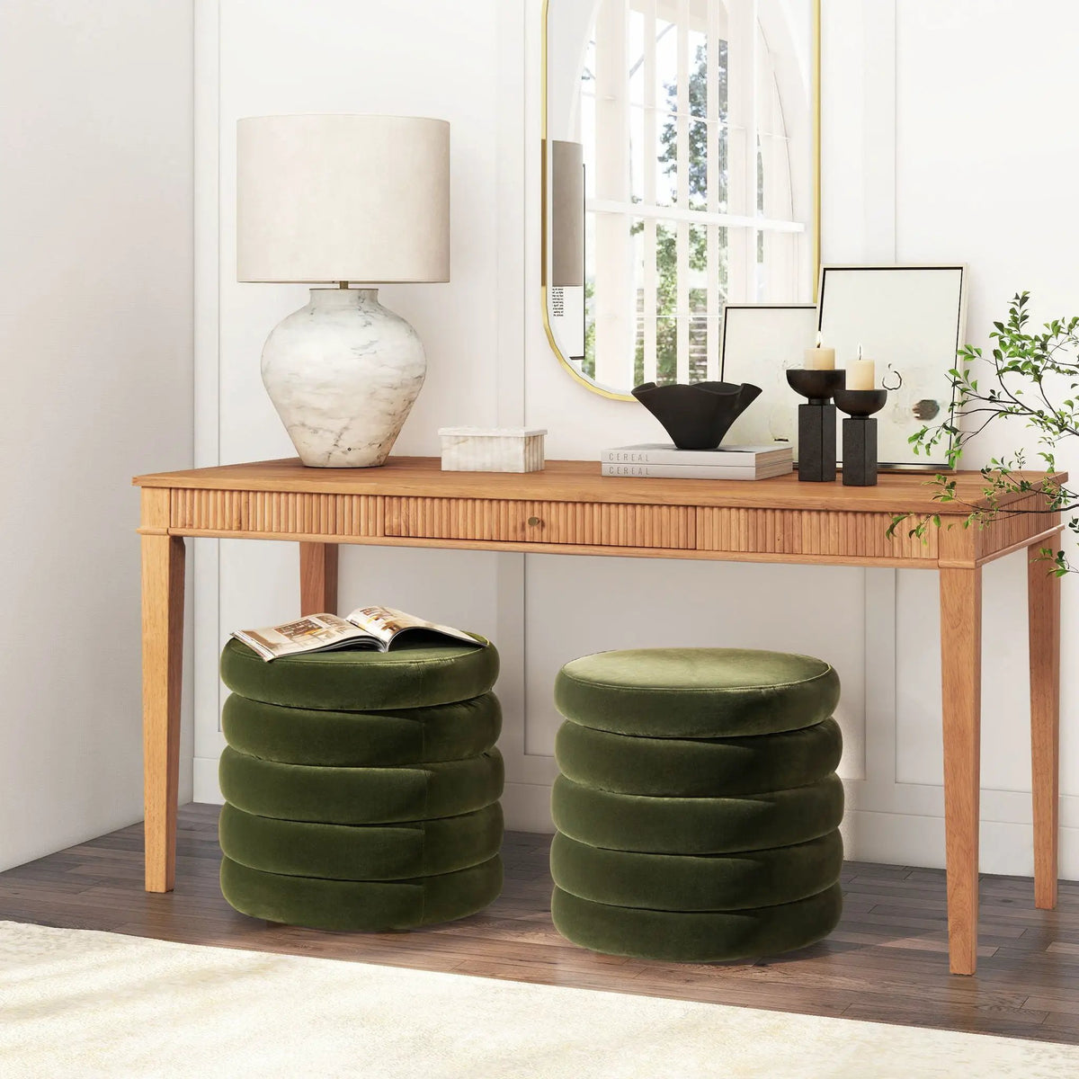 Fuji Oversized Round Storage Ottoman | Kiln-Dried Birchwood | Handmade Craftsmanship | 19 Inch Height